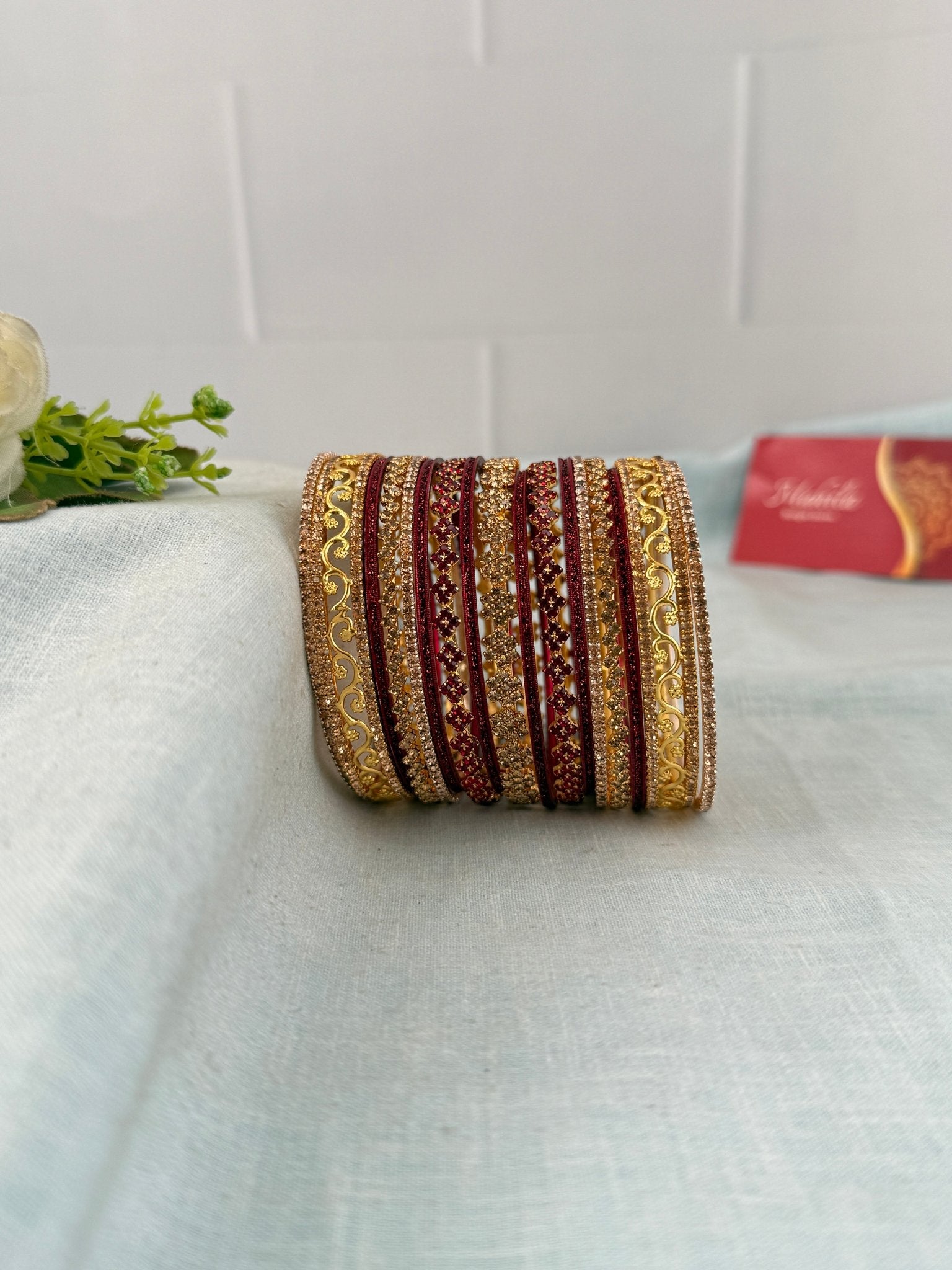 Luxurious Maroon & Gold Stone Bangle Set - 5330 - Mahilas