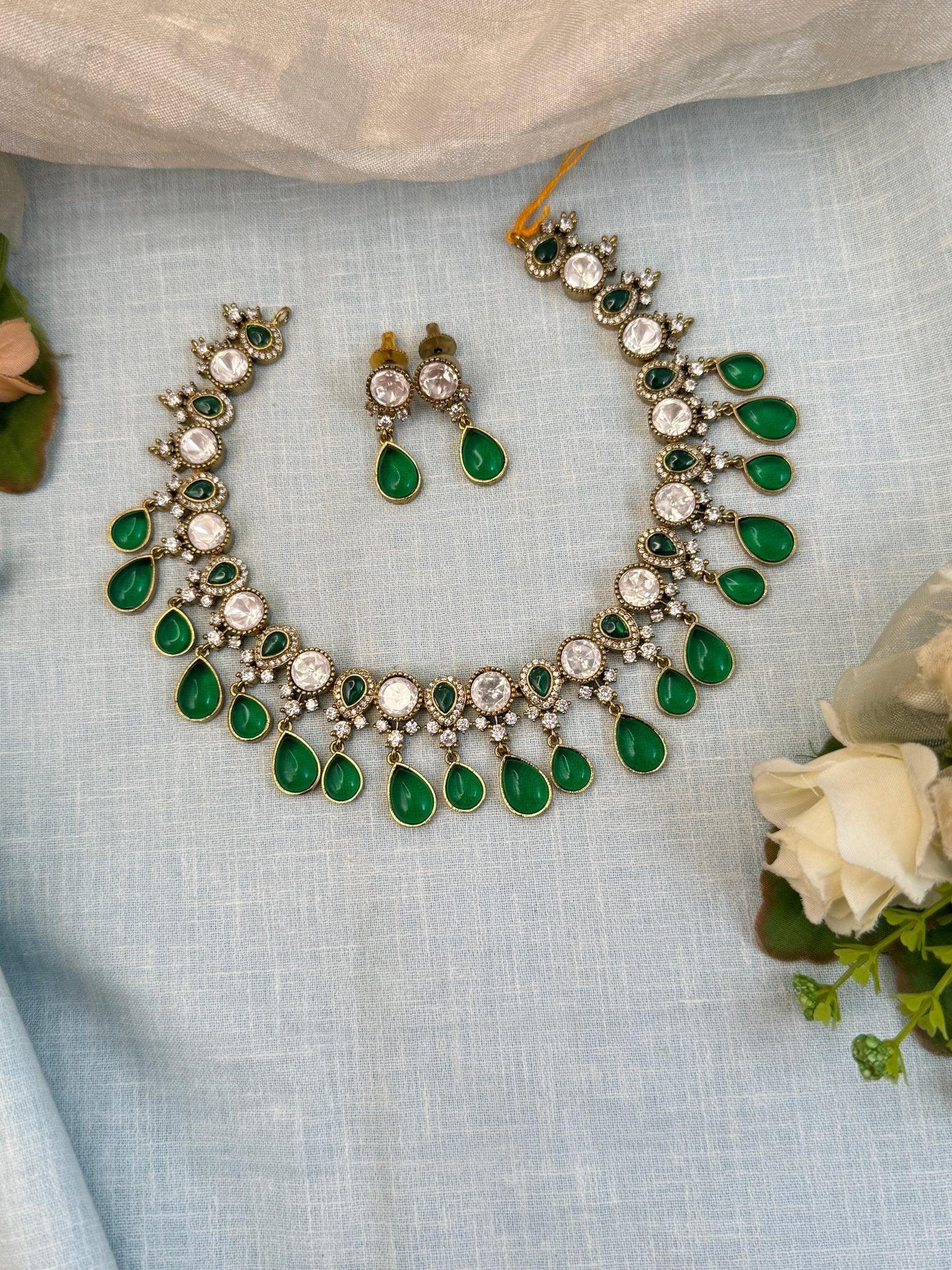 Luxurious Mozzonite Stone Short Necklace Set 691 - Mahilas