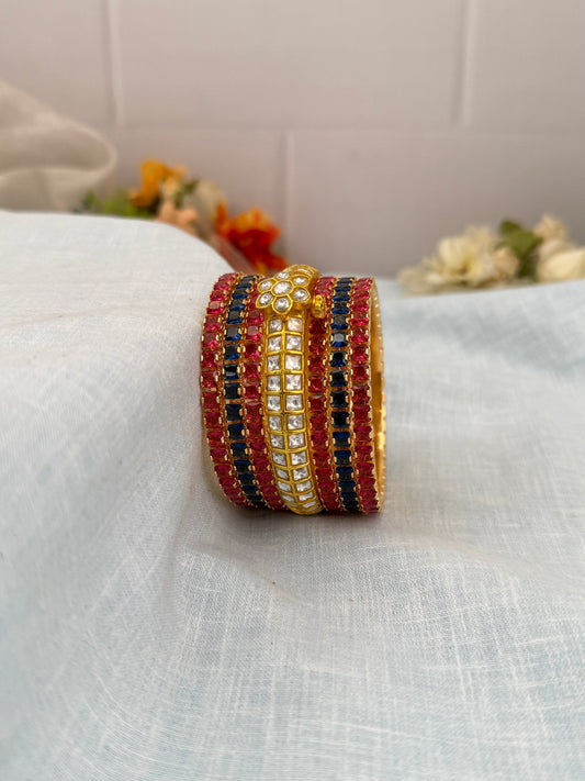 Luxurious Navy and Ruby Red with White Jadau Kundan Bangle Set - 5229 - Mahilas