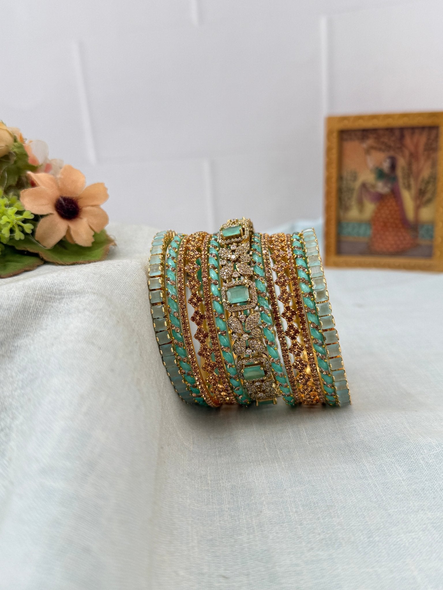 Luxurious Pastel Blue Glass and Stone Bridal Bangle Set - 5306 - Mahilas