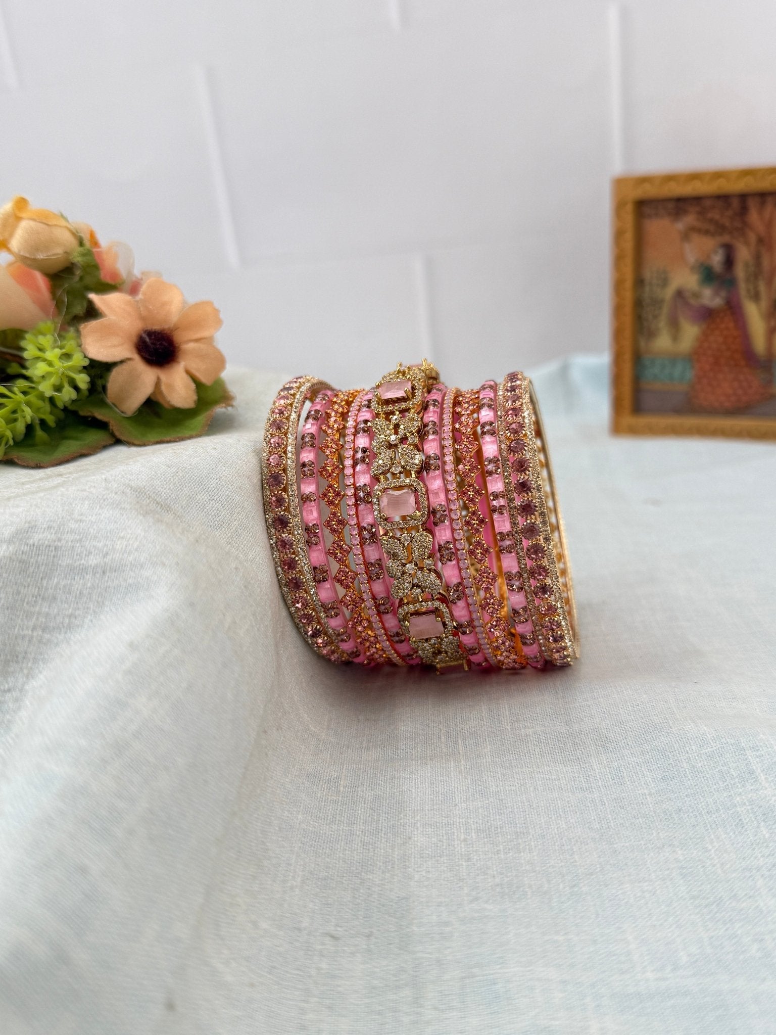 Luxurious Pastel Pink Glass and Stone Bridal Bangle Set - 5307 - Mahilas