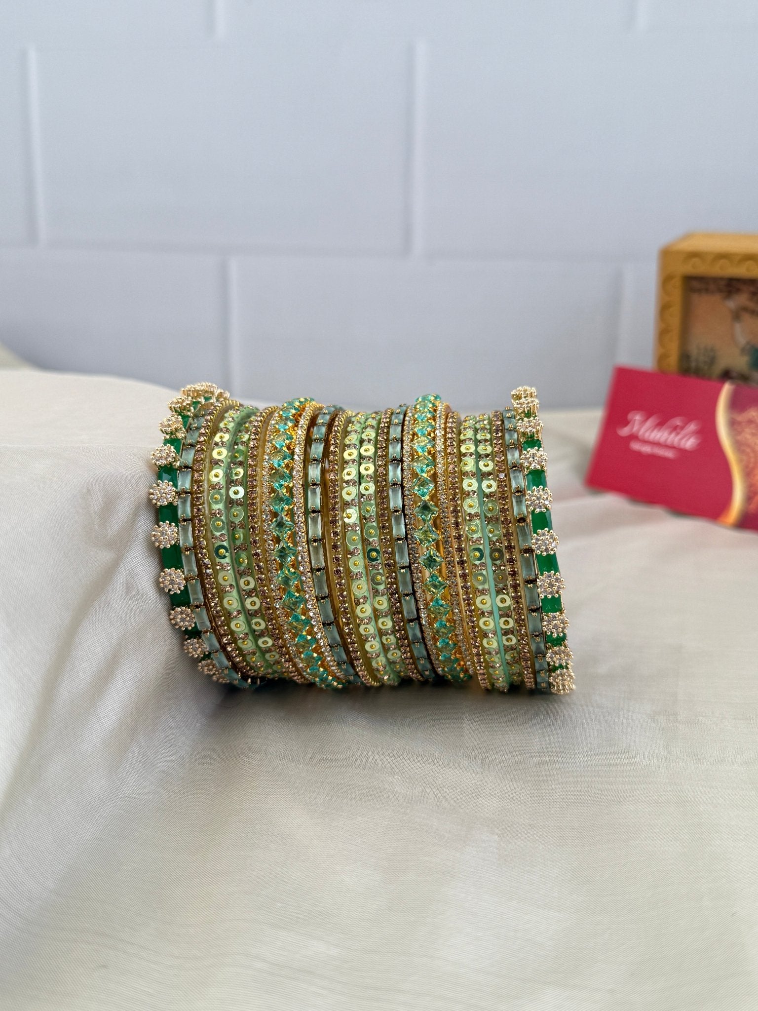 Luxurious Pastel Pista Glass & Stone Bangle Set - 5181 - Mahilas
