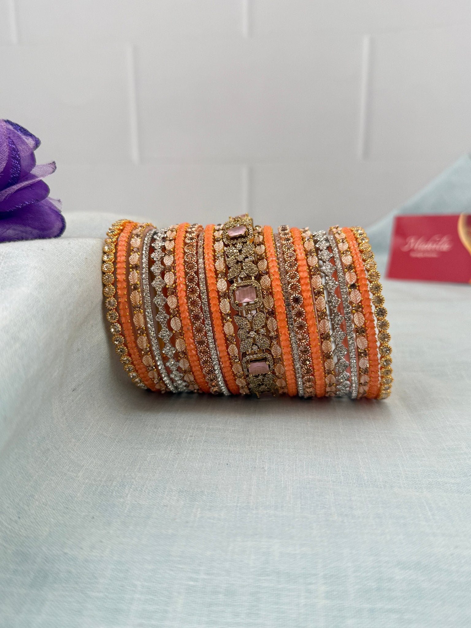 Luxurious Peach Glass With Victorian Bangle Set - 5305 - Mahilas