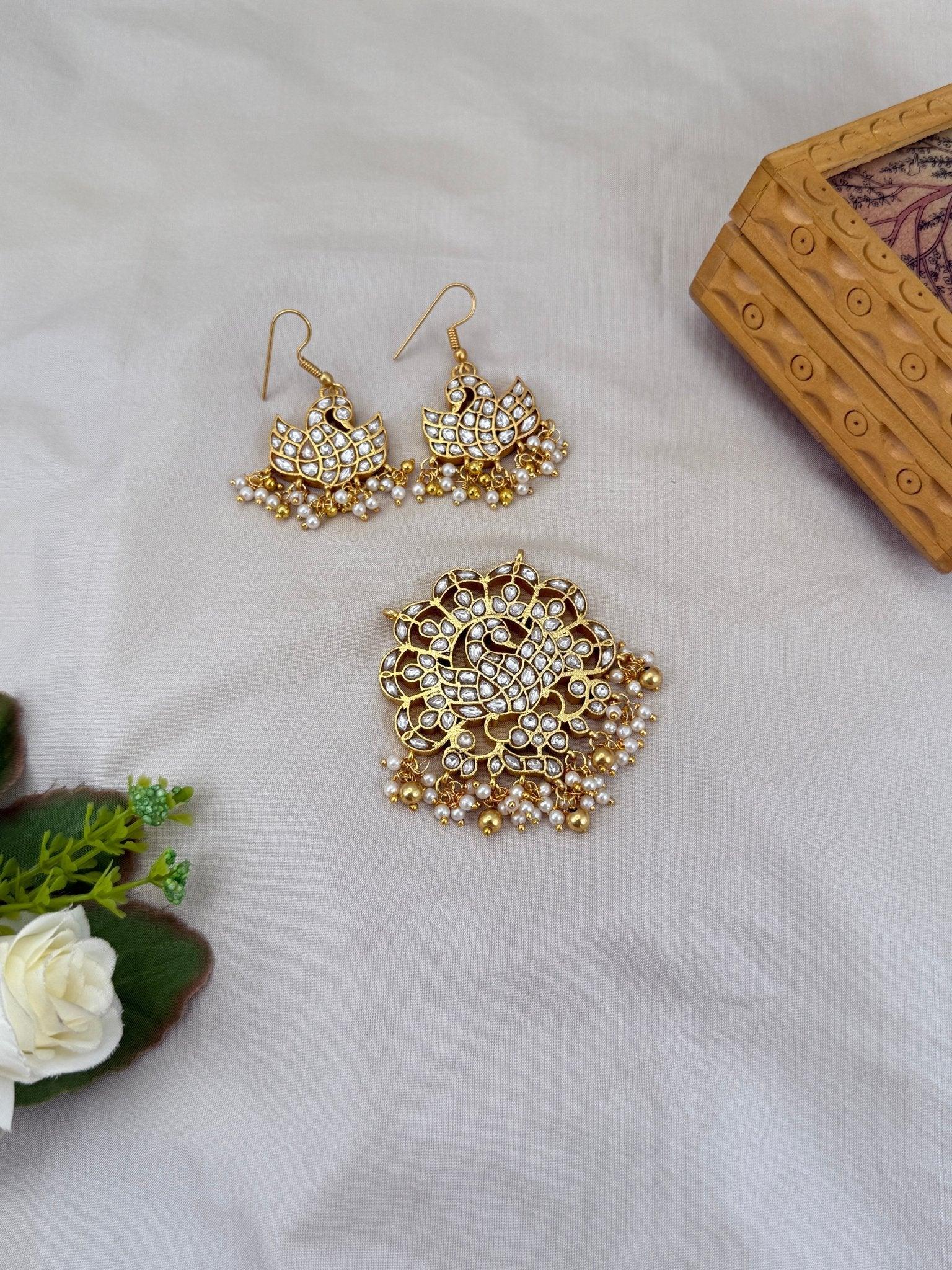 Luxurious Peacock Jadau Kundan Reversible Pendant With Earrings 154 - 6 cm - Mahilas