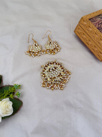 Luxurious Peacock Jadau Kundan Reversible Pendant With Earrings 154 - 6 cm - Mahilas