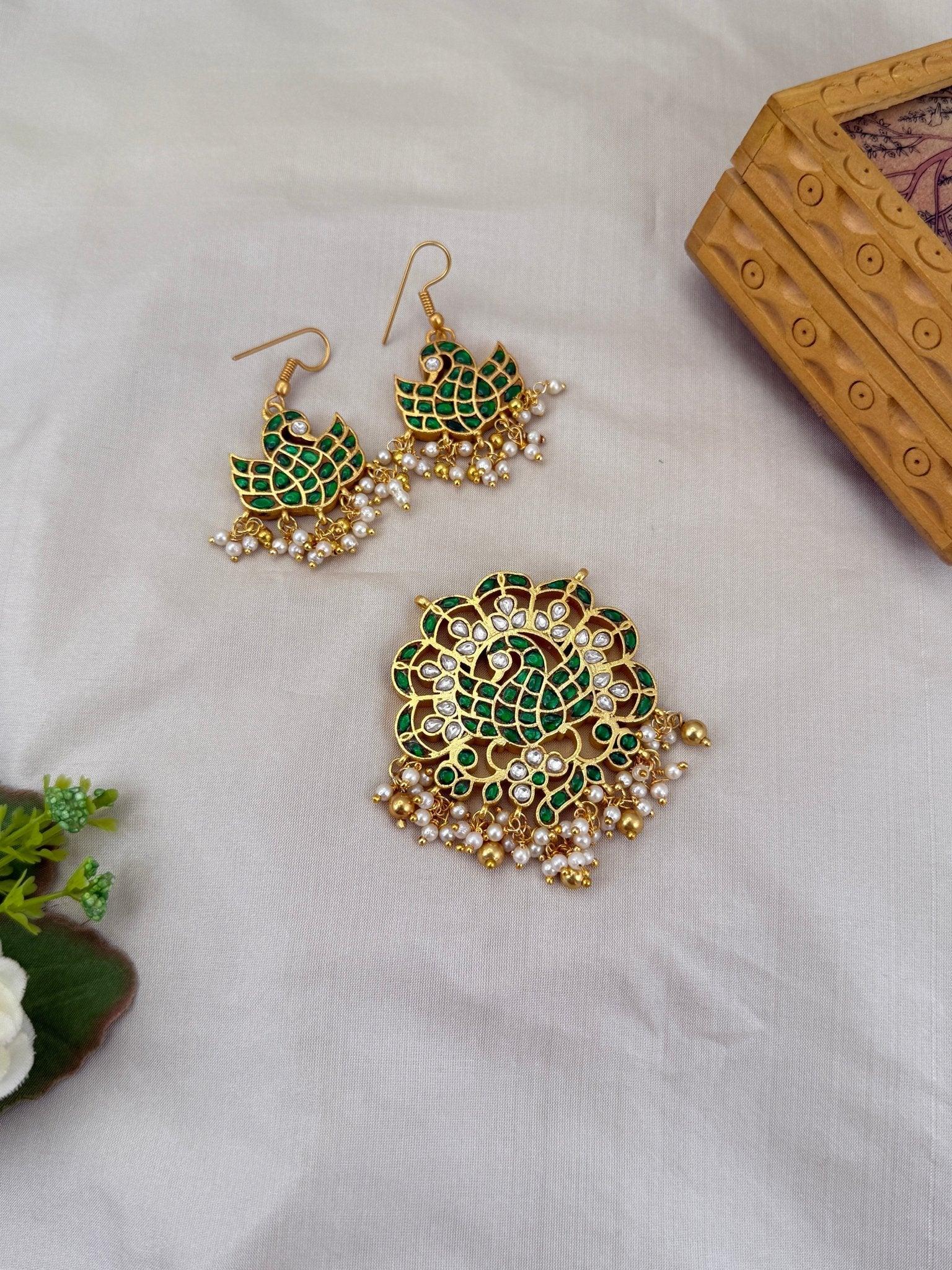 Luxurious Peacock Jadau Kundan Reversible Pendant With Earrings 155 - 6 cm - Mahilas