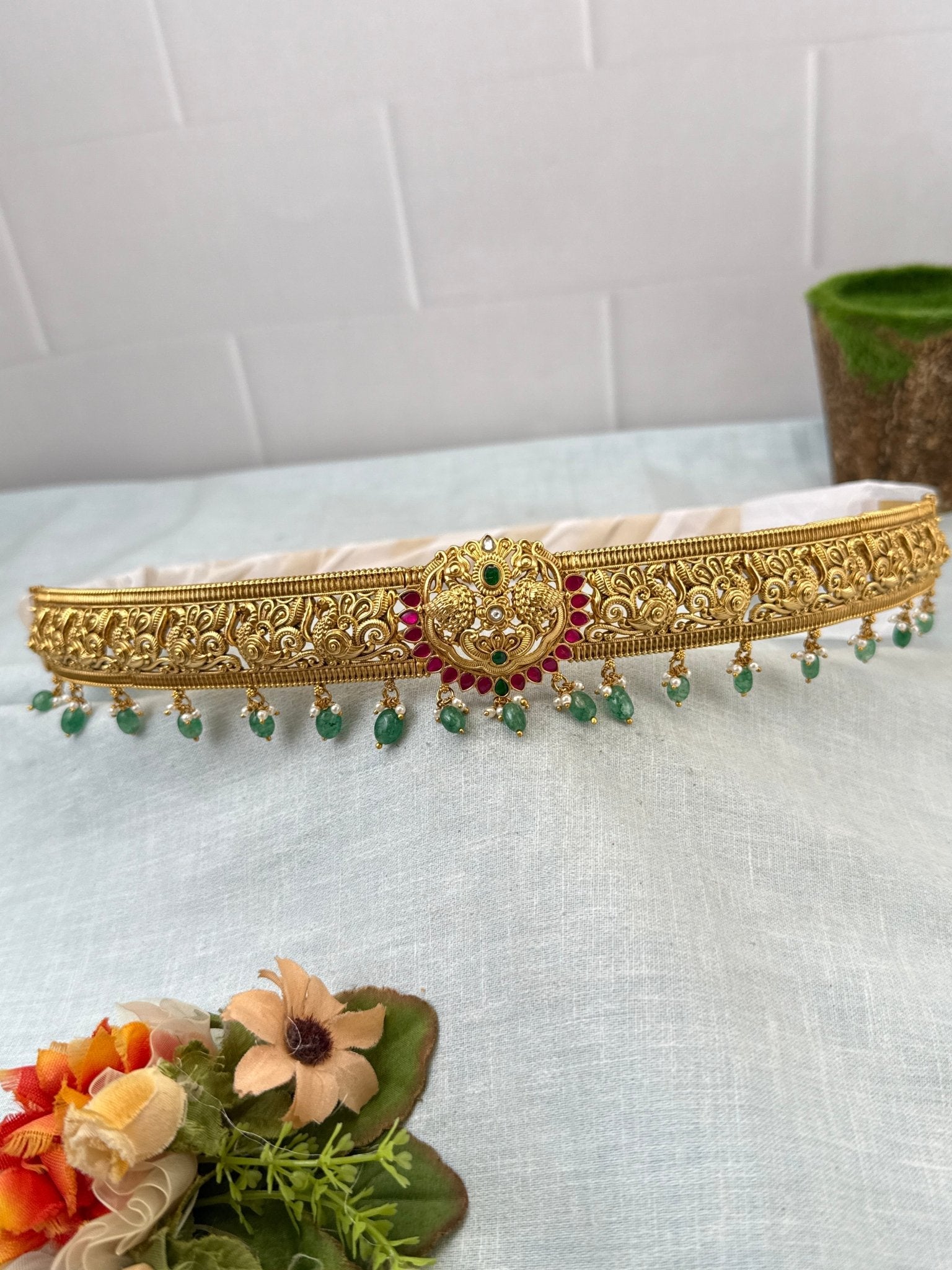 Luxurious Peacock Jadau Pendant Antique Belt Vaddanam 8090 - Mahilas