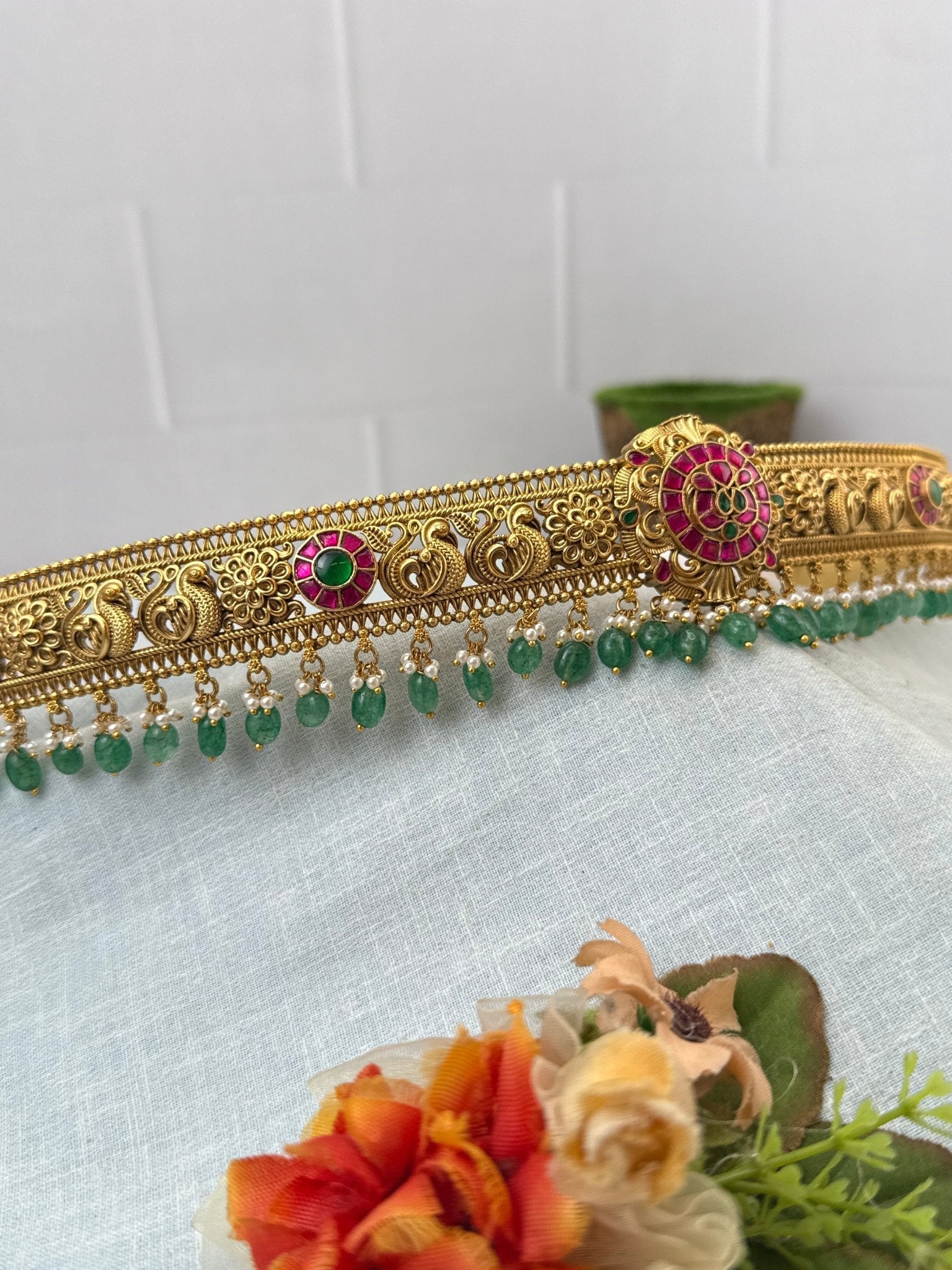 Luxurious Peacock Jadau Pendant Antique Belt Vaddanam 8091 - Mahilas