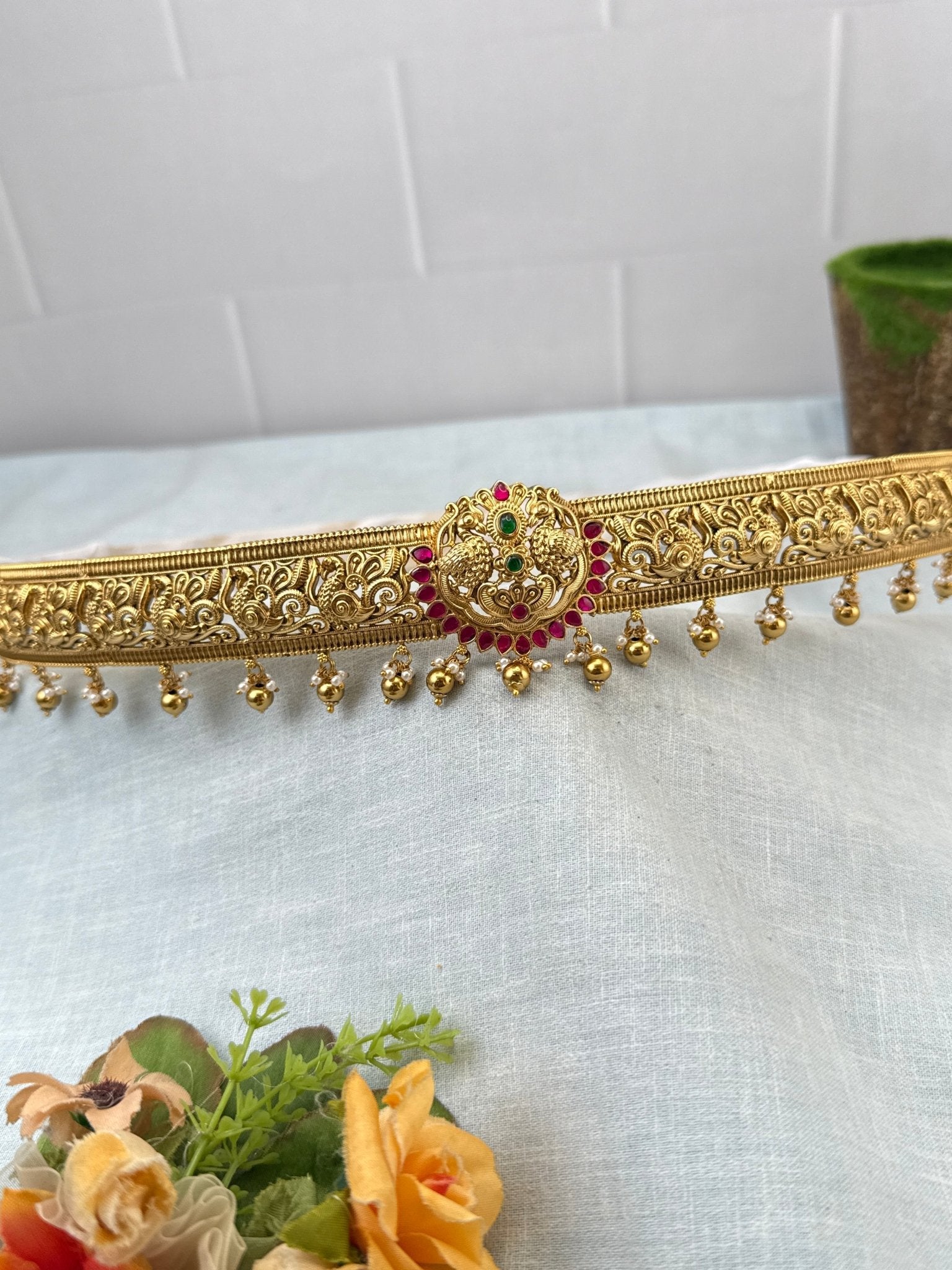 Luxurious Peacock Jadau Pendant Antique Belt Vaddanam 8092 - Mahilas