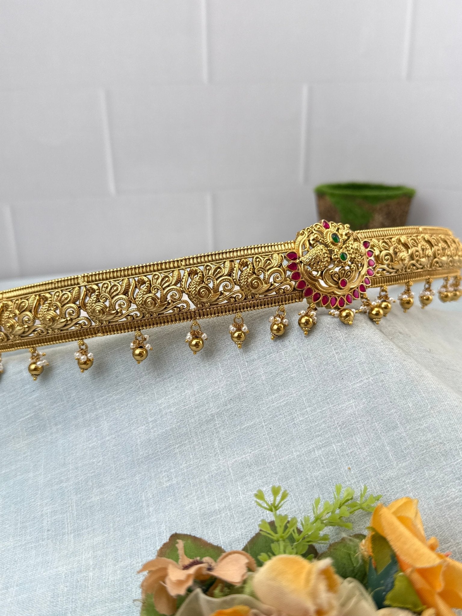 Luxurious Peacock Jadau Pendant Antique Belt Vaddanam 8092 - Mahilas
