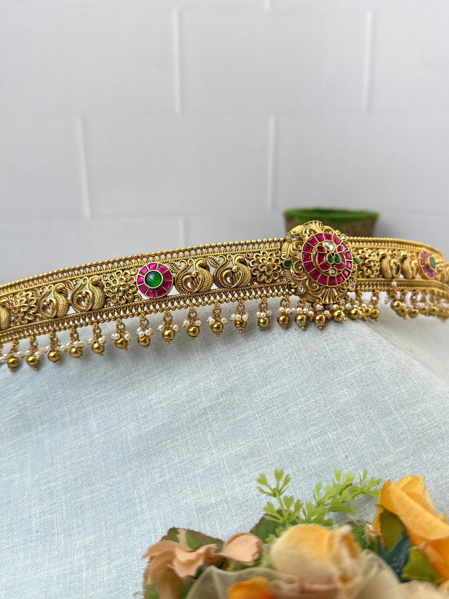 Luxurious Peacock Jadau Pendant Antique Belt Vaddanam 8093 - Mahilas