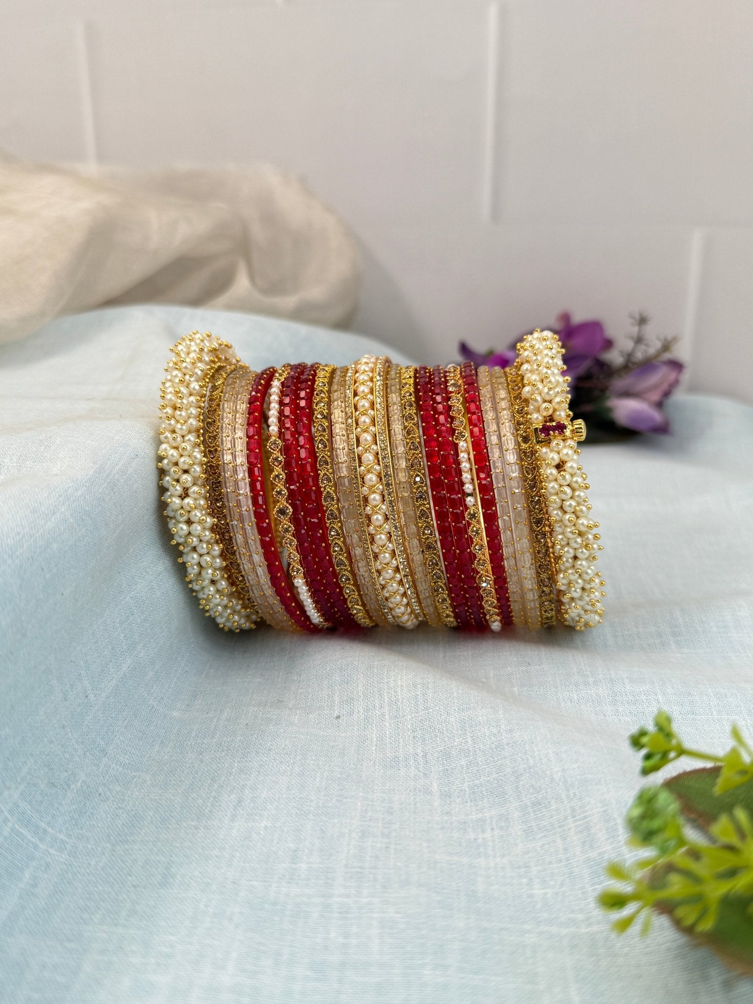Luxurious Pearl and Glass Bridal Bangle Set 5234 - Mahilas