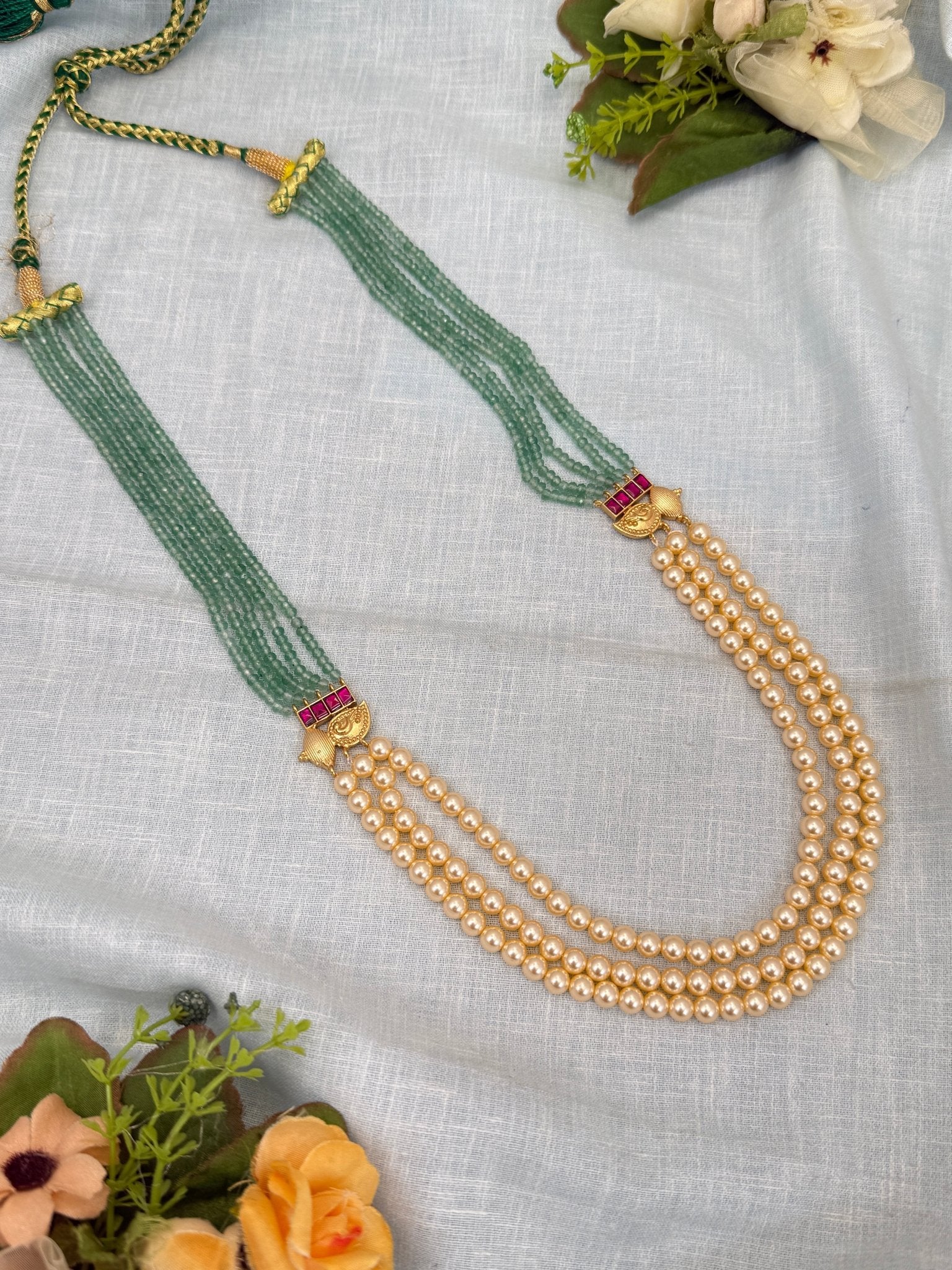 Luxurious Pearl and Mint Green Beads Long Layer Necklace Set 0308 - Mahilas