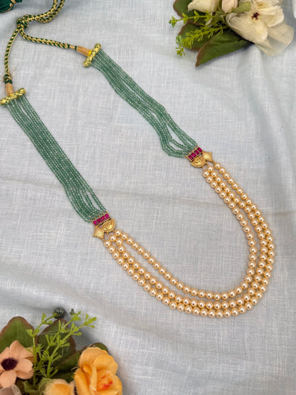 Luxurious Pearl and Mint Green Beads Long Layer Necklace Set 0308 - Mahilas