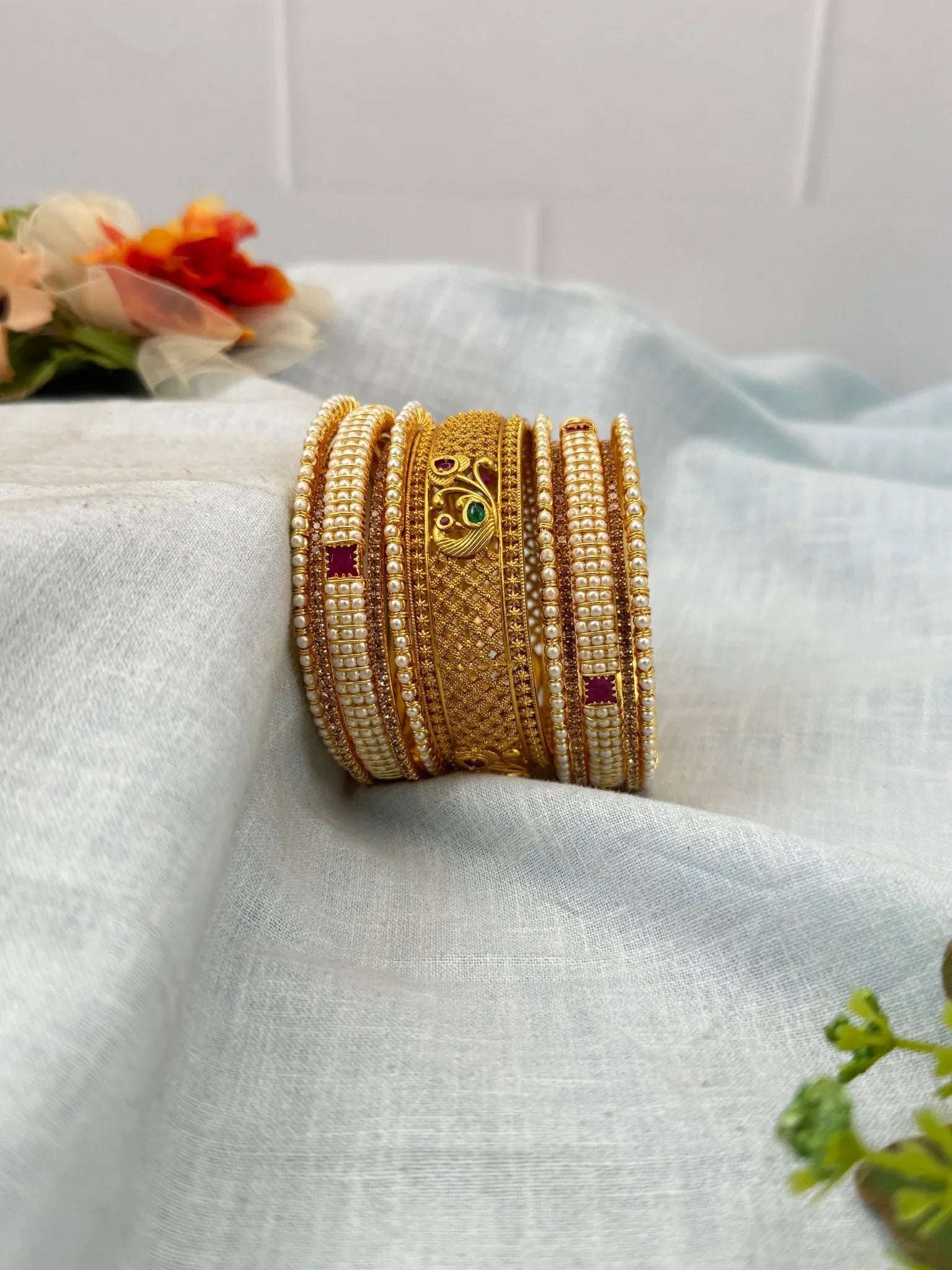 Luxurious Pearl & Antique Premium Bangle Set 5259 - Mahilas