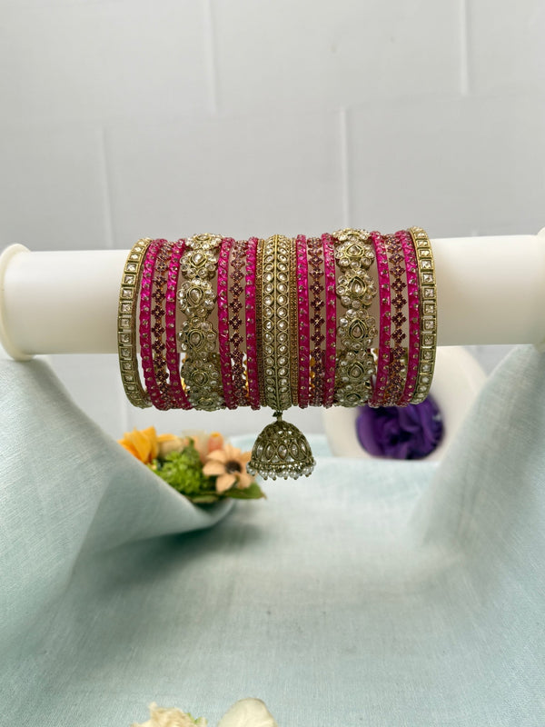 Luxurious Pink Glass and Polki Bridal Bangle Set 5278