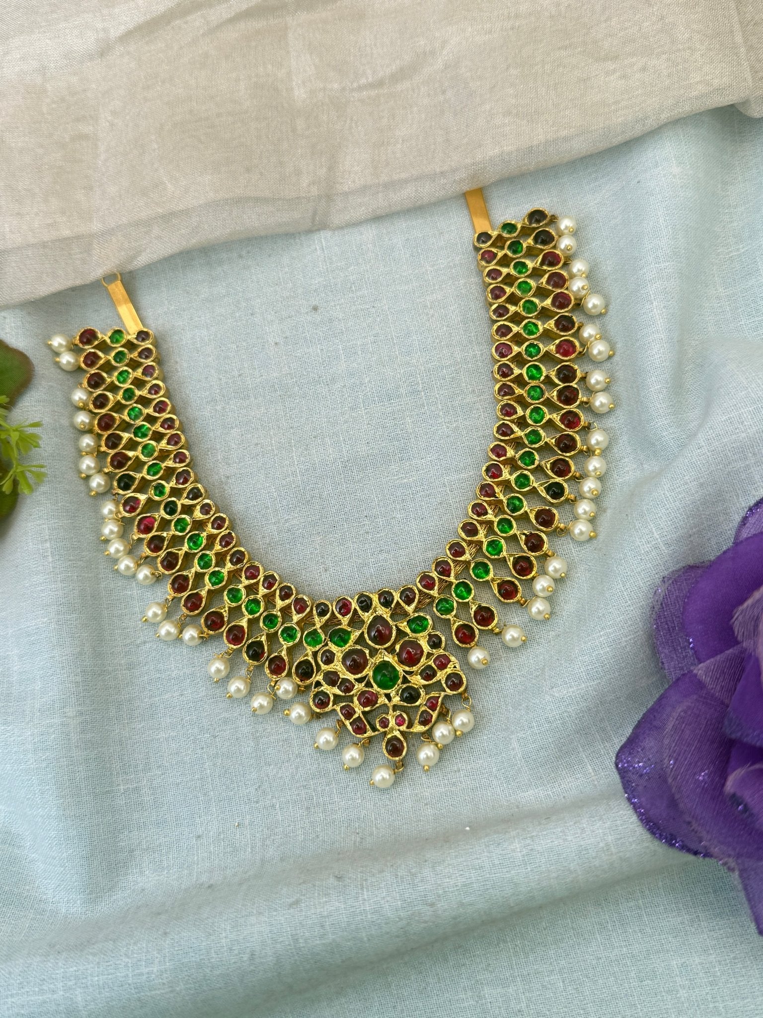 Luxurious Pure Silver Temple Short Necklace Set 107 - Mahilas