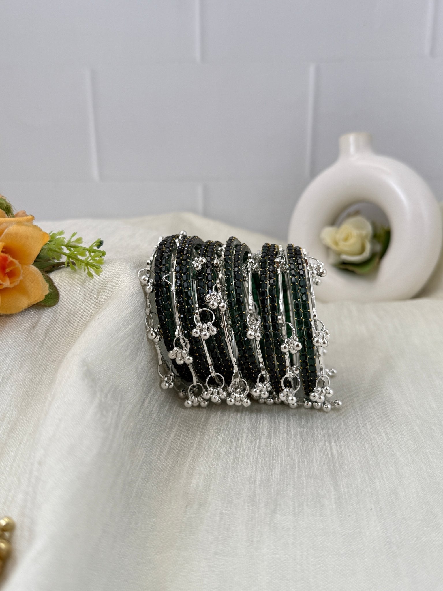 Luxurious Rain Drops & Bell Glass Bangles 16 Color Options - 3459 - Mahilas