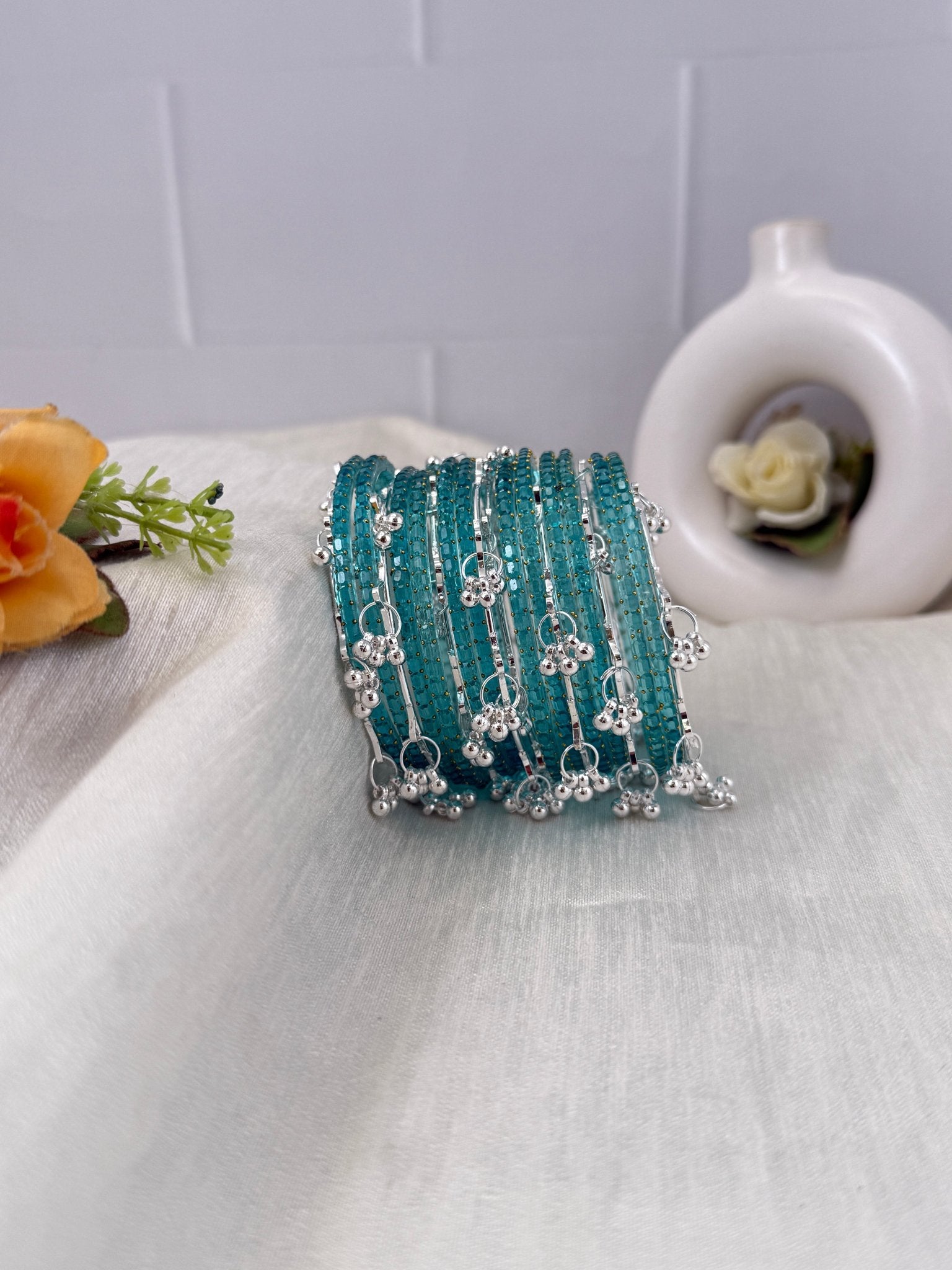 Luxurious Rain Drops & Bell Glass Bangles 16 Color Options - 3459 - Mahilas