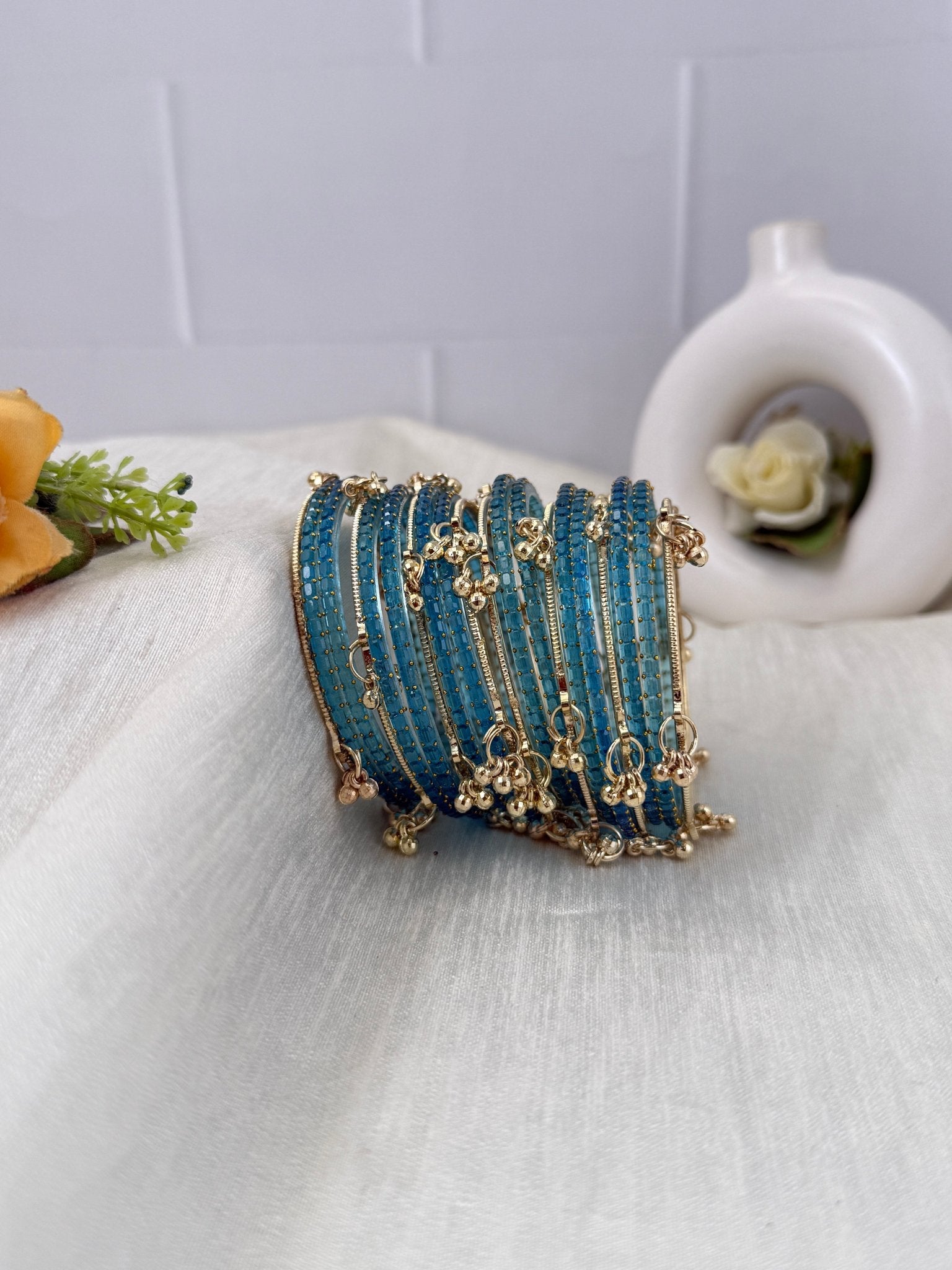 Luxurious Rain Drops & Bell Glass Bangles 16 Color Options - 3459 - Mahilas