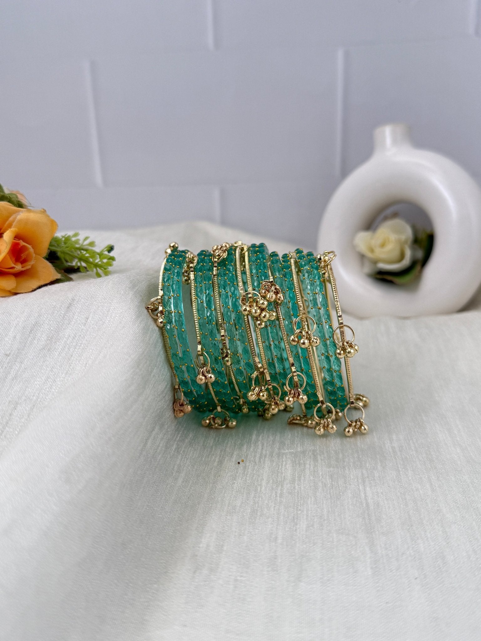 Luxurious Rain Drops & Bell Glass Bangles 16 Color Options - 3459 - Mahilas