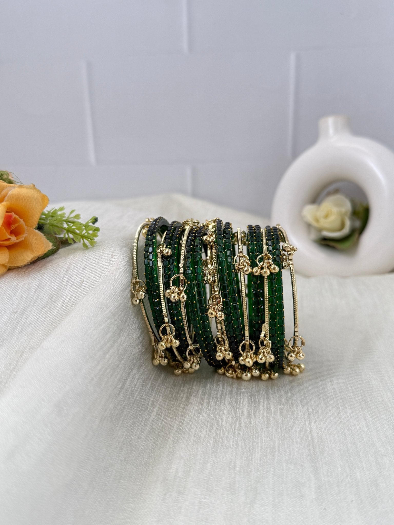 Luxurious Rain Drops & Bell Glass Bangles 16 Color Options - 3459 - Mahilas