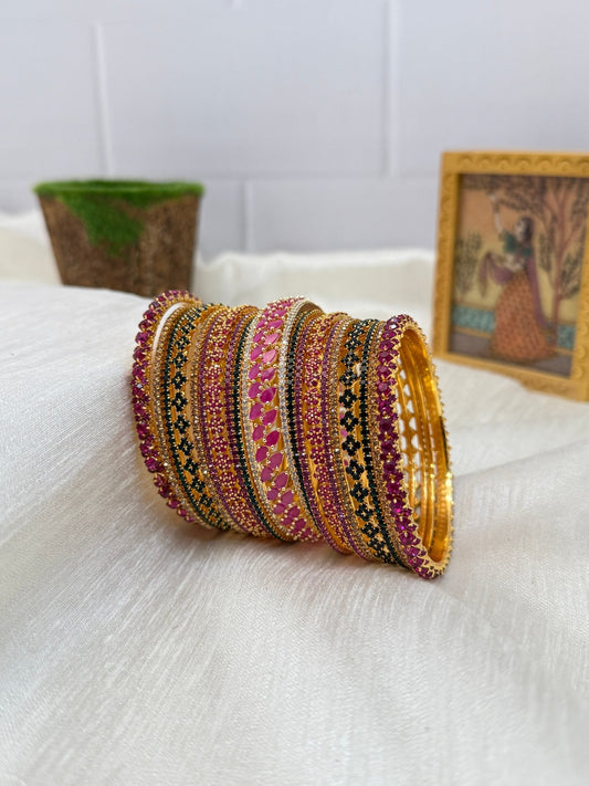 Luxurious Rani Pink And Black Stone & Metal Bangle Set - 5141 - Mahilas