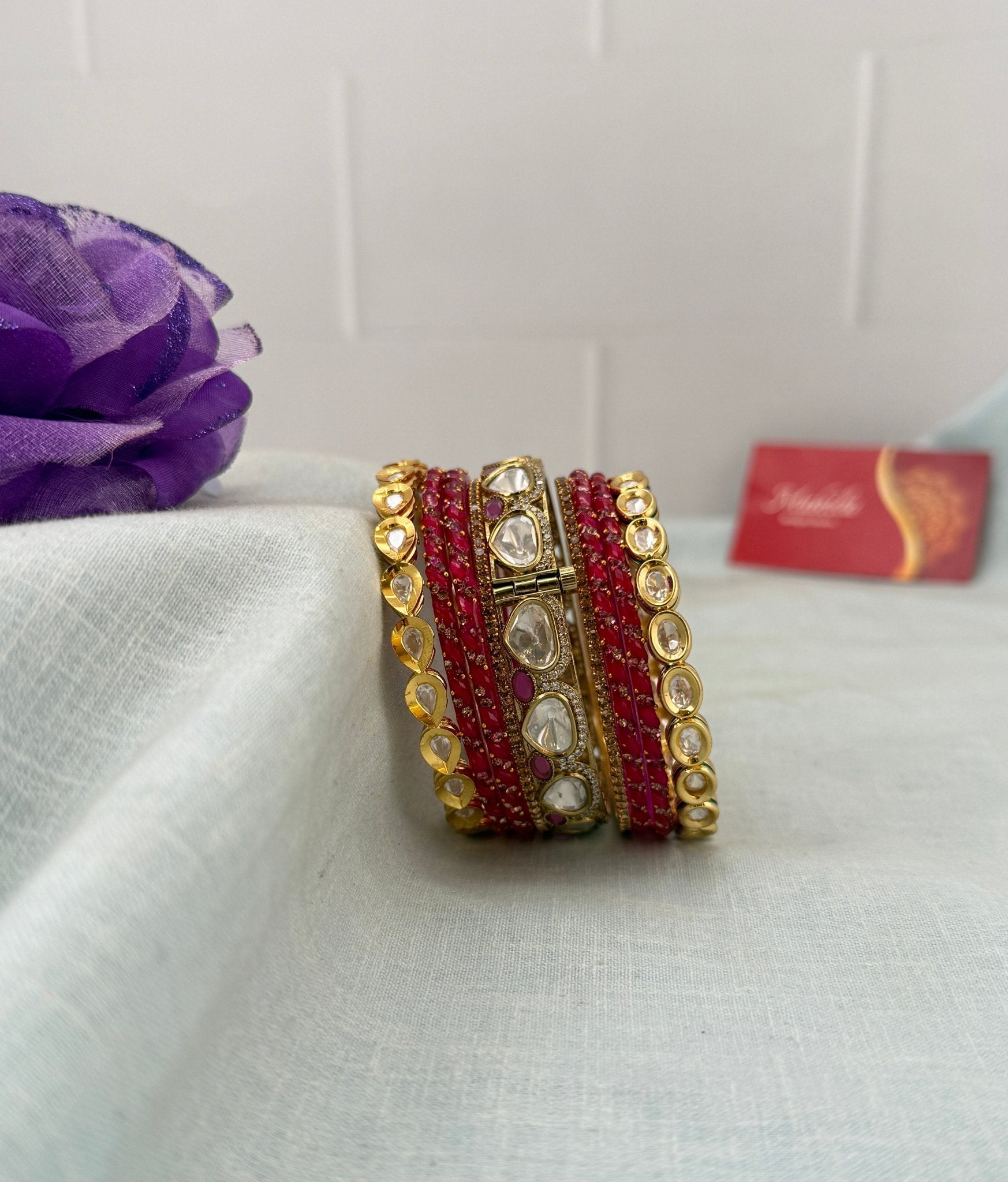 Luxurious Rani Pink Glass With Kundan Bangle Set - 5295 - Mahilas