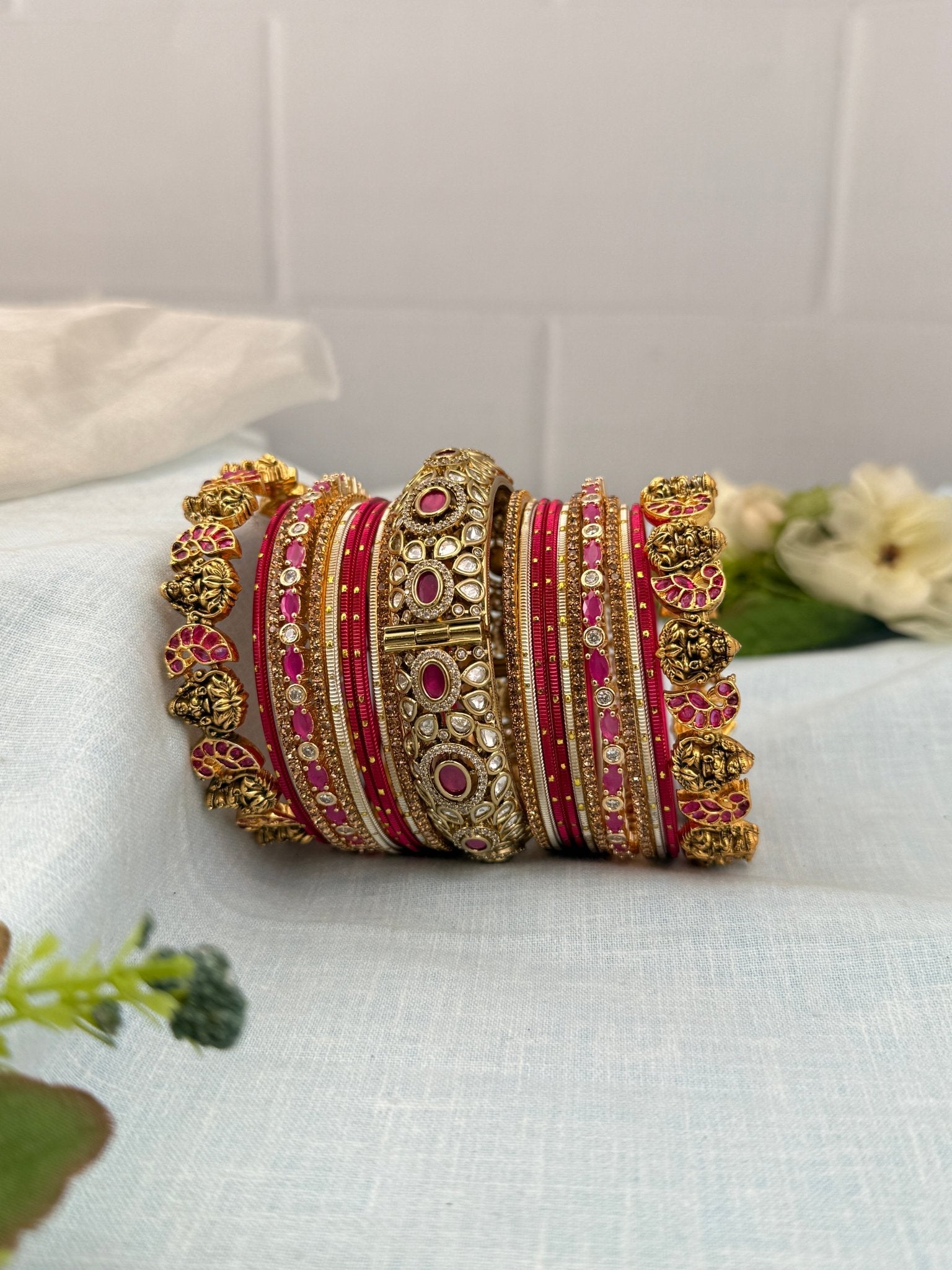 Luxurious Rani Pink & Gold Kundan and Antique Bangle Set - 5216 - Mahilas