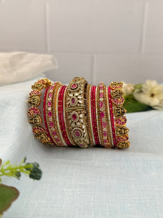 Luxurious Rani Pink & Gold Kundan and Antique Bangle Set - 5216 - Mahilas