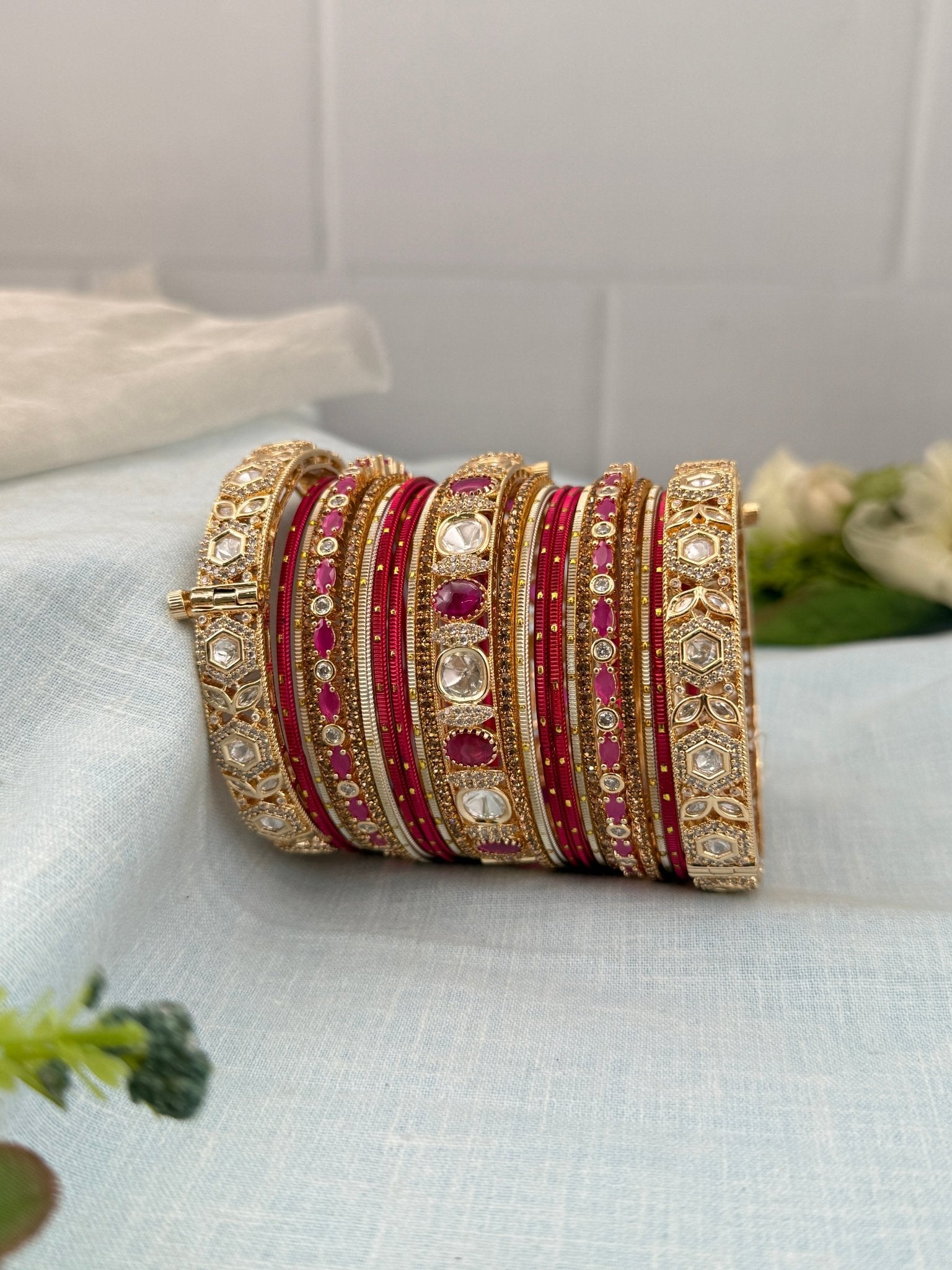 Luxurious Rani Pink & Gold Kundan and Stone Bangle Set - 5215 - Mahilas