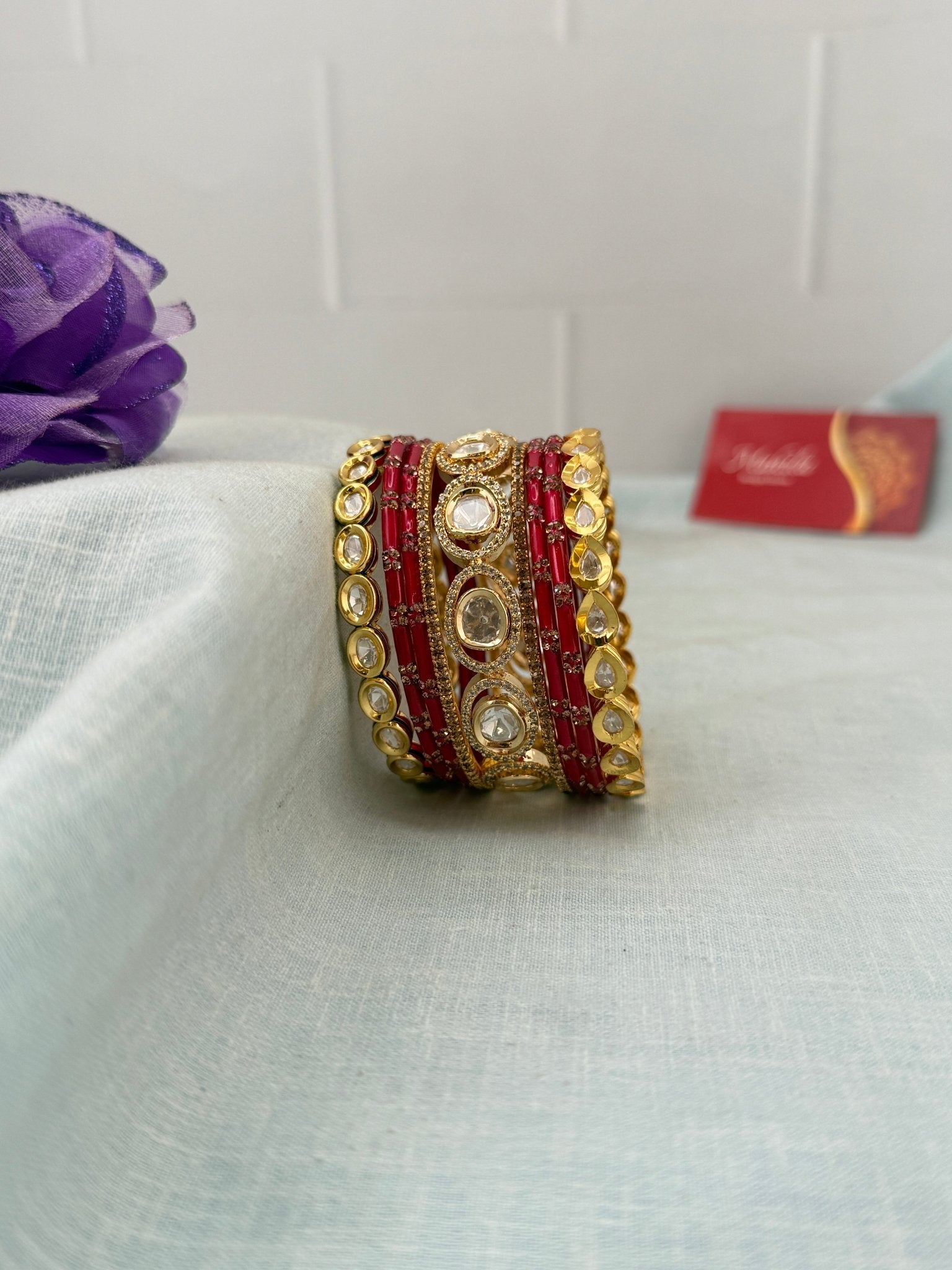 Luxurious Red Glass With Kundan Bangle Set - 5302 - Mahilas