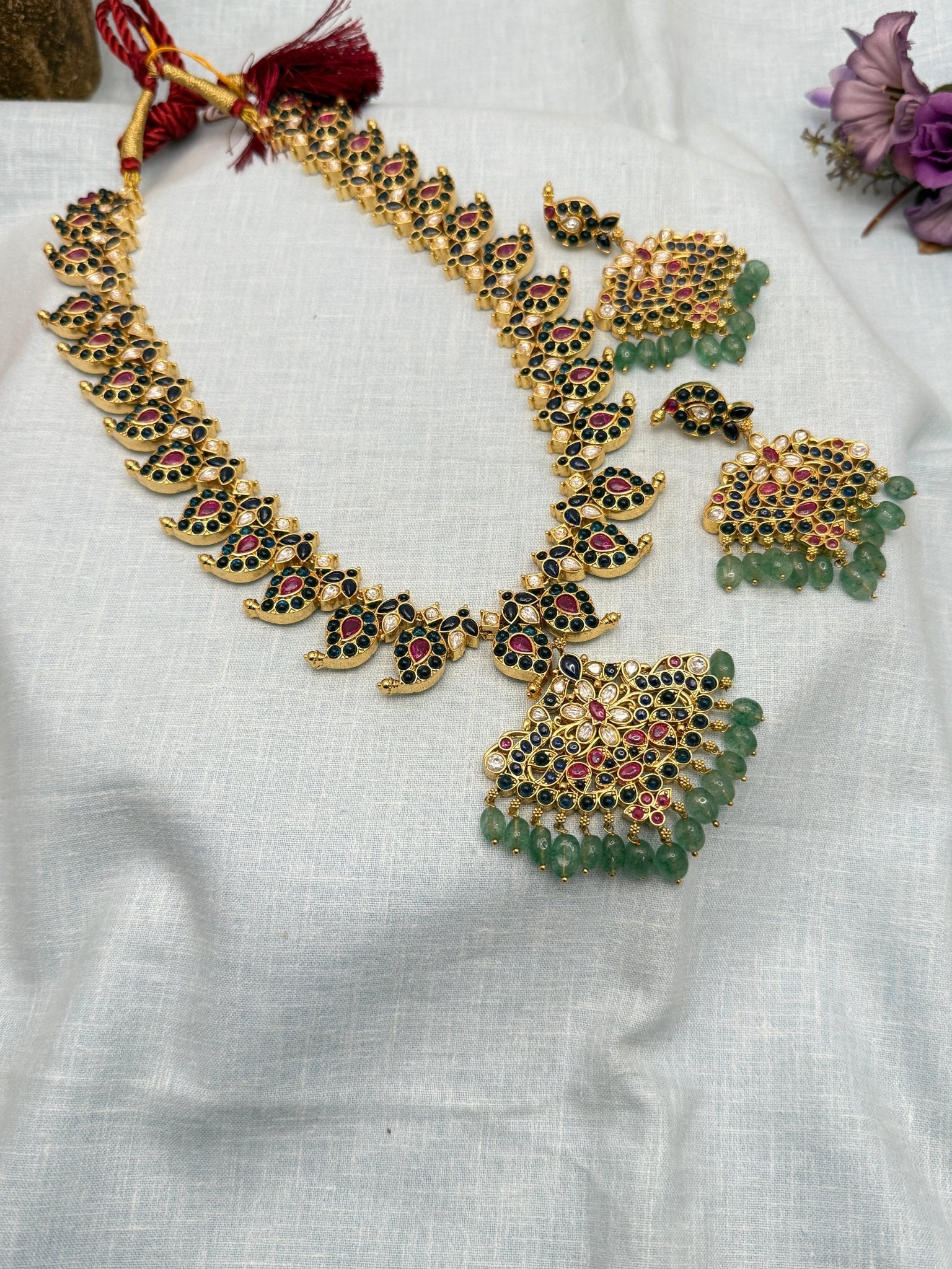 Luxurious Reversible Bridal Mango Jadau Kundan Long Necklace 355 Blue & White (Copy) - Mahilas