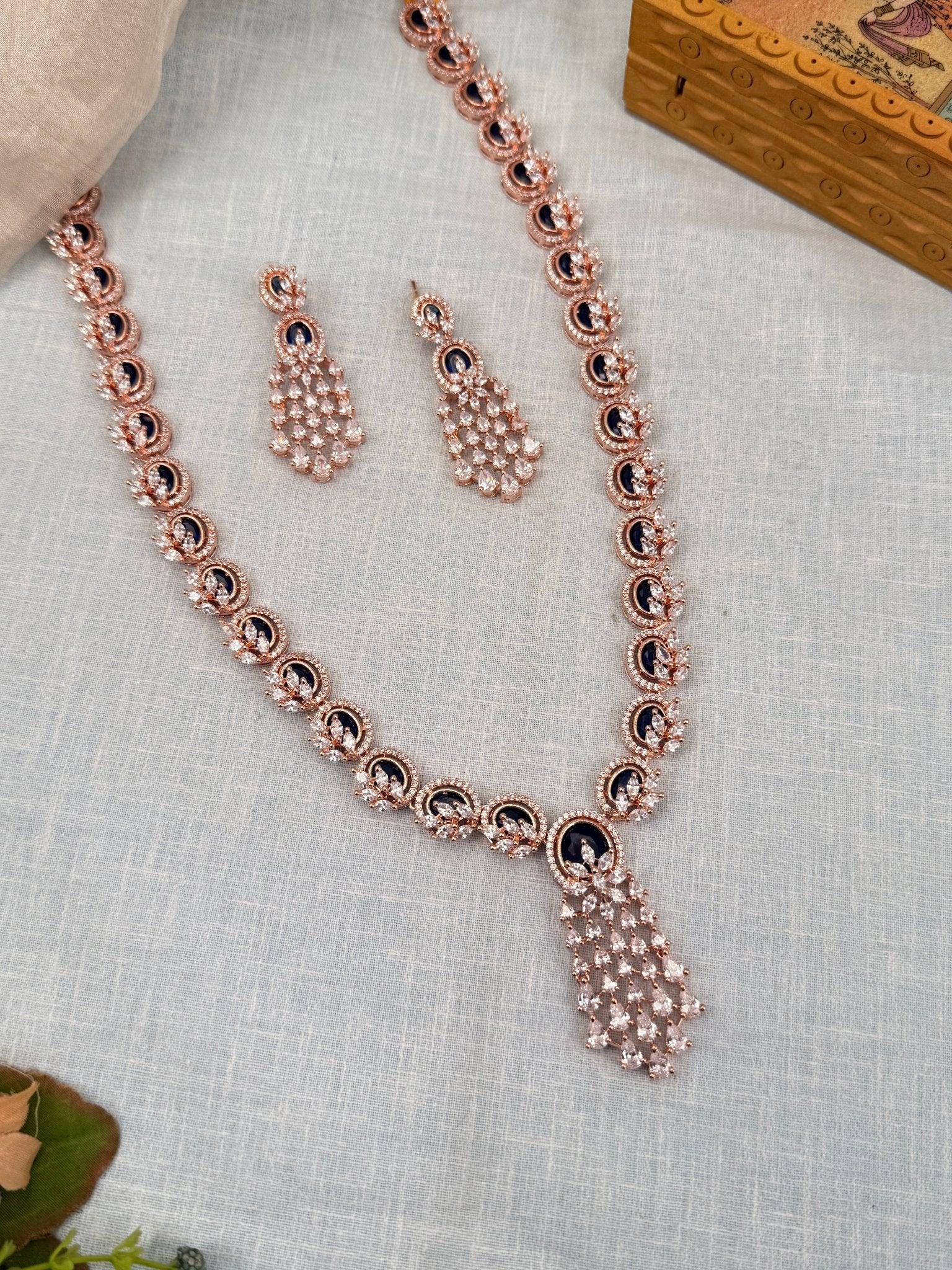 Luxurious Rose Gold Navy Mid Long Necklace Set 458 - Mahilas