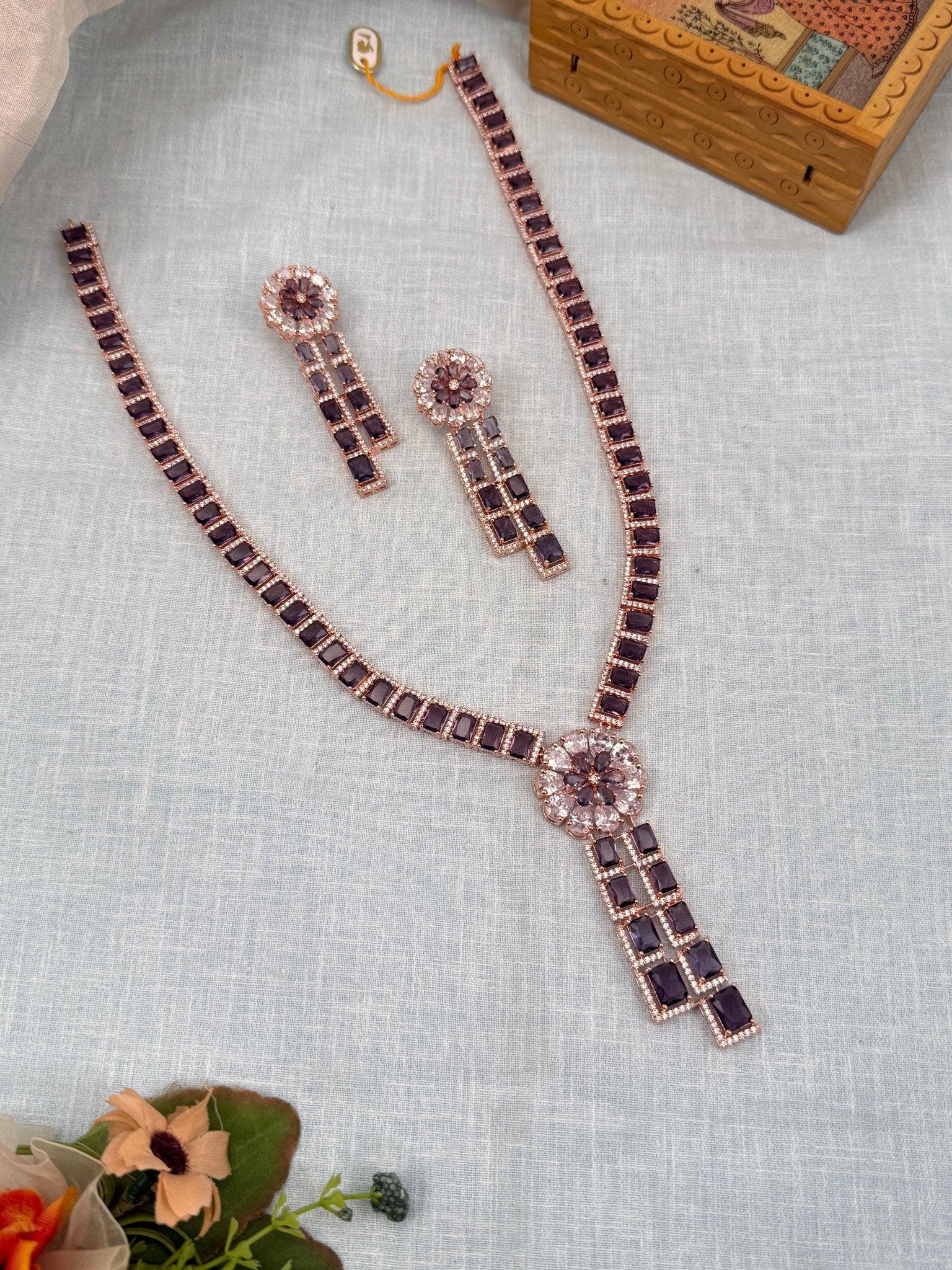Luxurious Rose Gold Purple Mid Long Necklace Set 456 - Mahilas