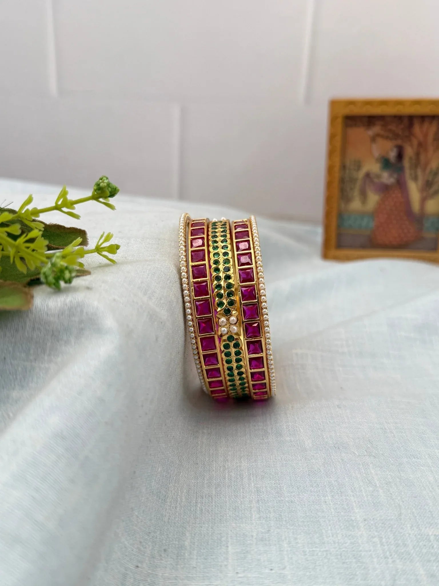 Luxurious Ruby Swarna & Stone Pearl Bangle Set 5255 - Mahilas