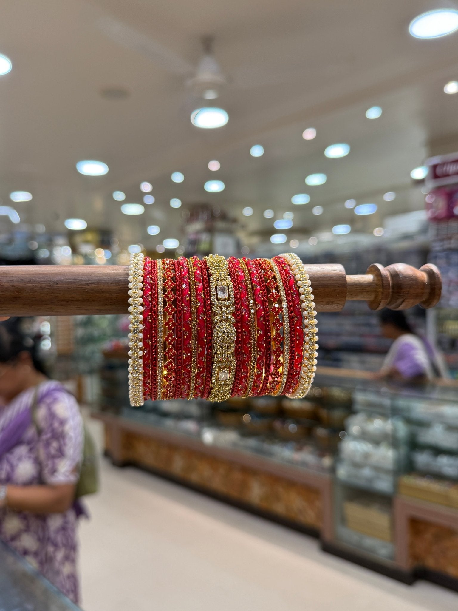 Luxurious Strawberry Red & Gold Glass and Stone Bangle Set - 5331 - Mahilas