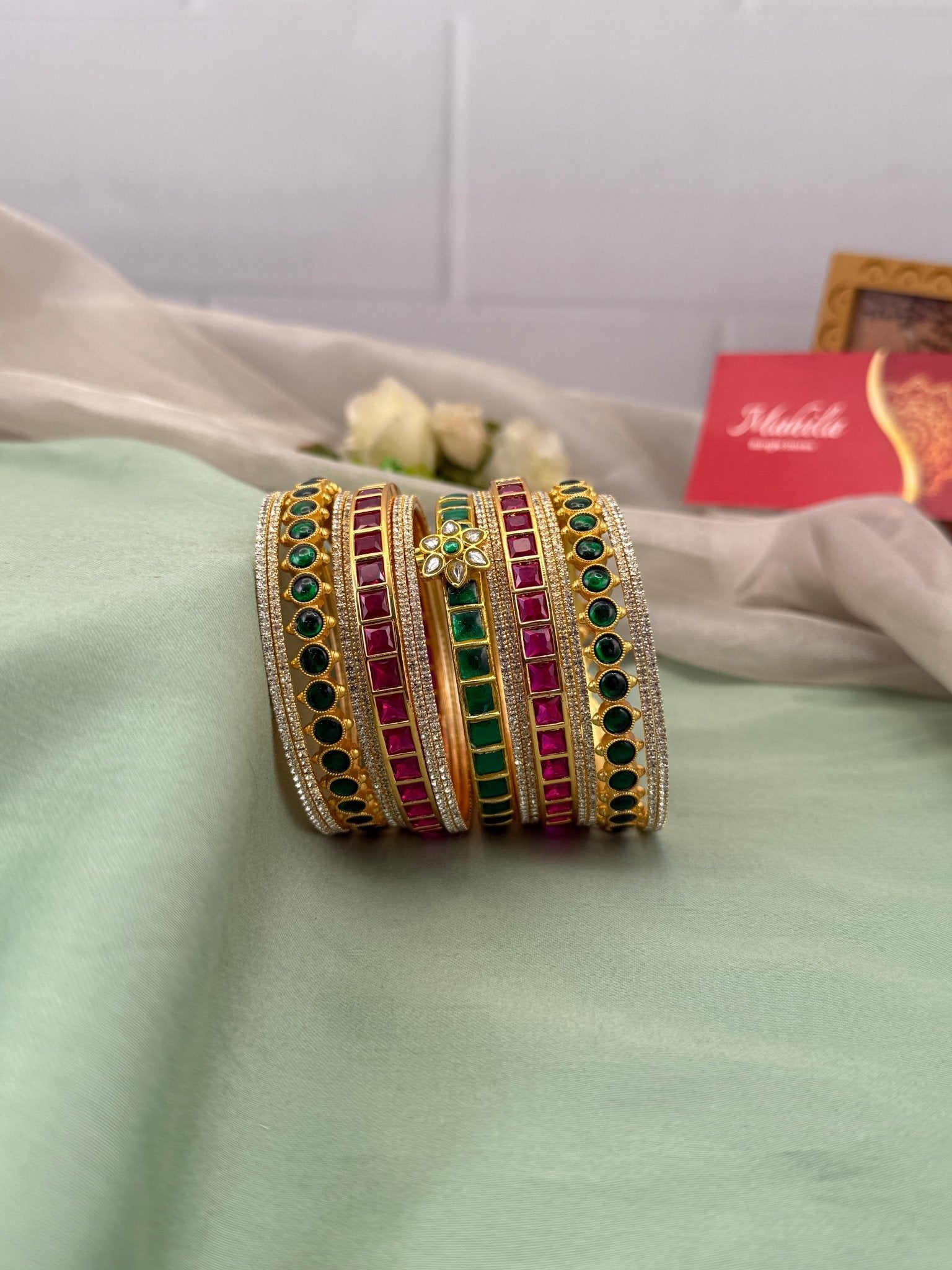 Luxurious Swarna & Jadau Kundan Ruby Green Bangle Set - 5195 - Mahilas