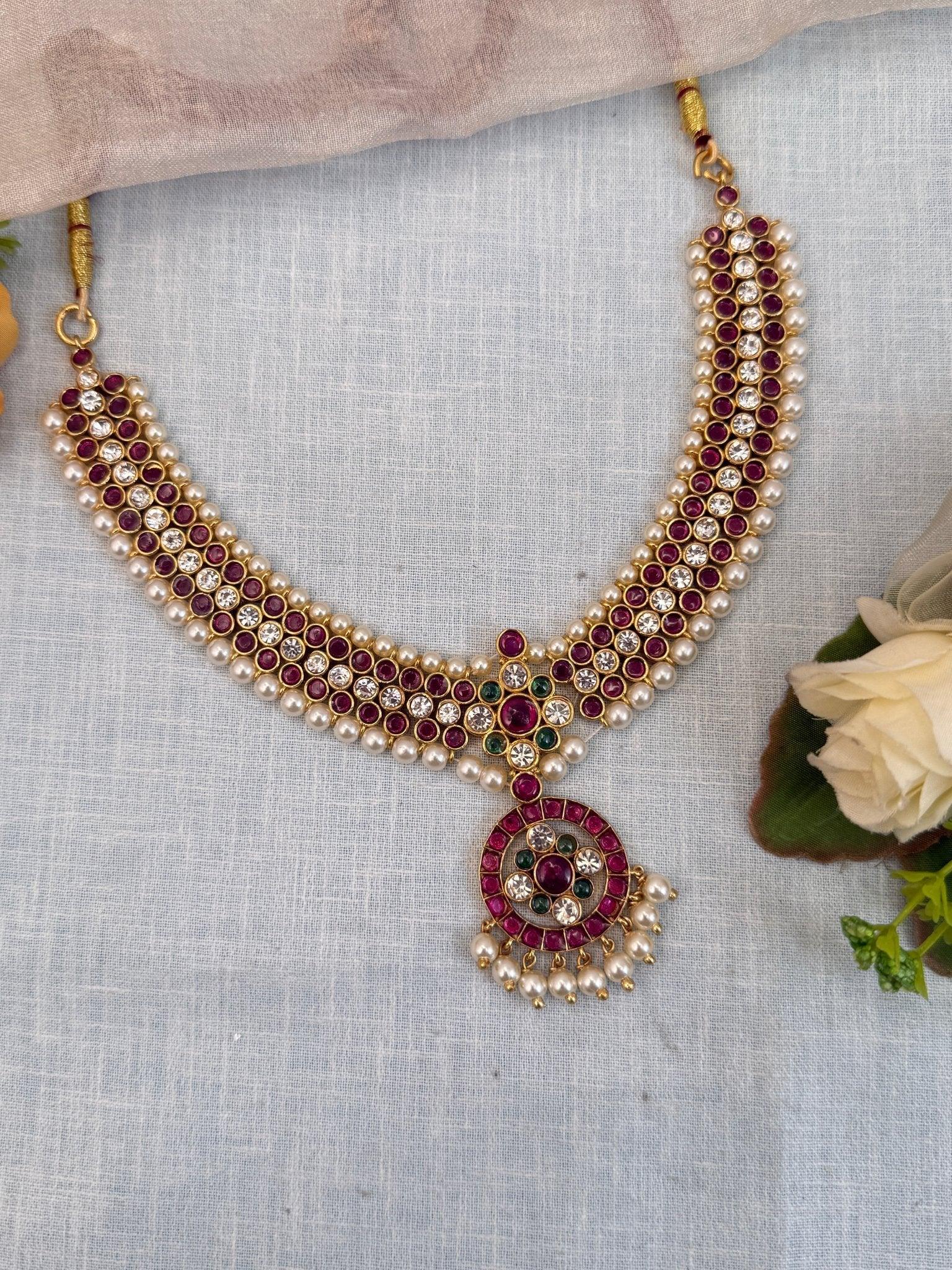 Luxurious Temple Short Brass Necklace Set 014 - Mahilas