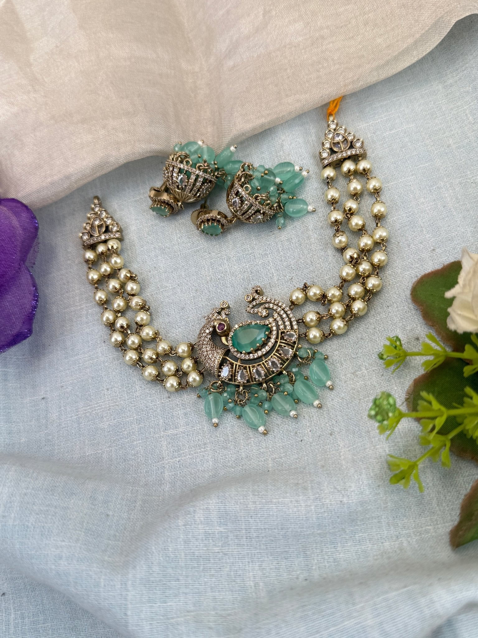 Luxurious Victorian Pendant Pearl Choker Necklace Set 668 - Mahilas