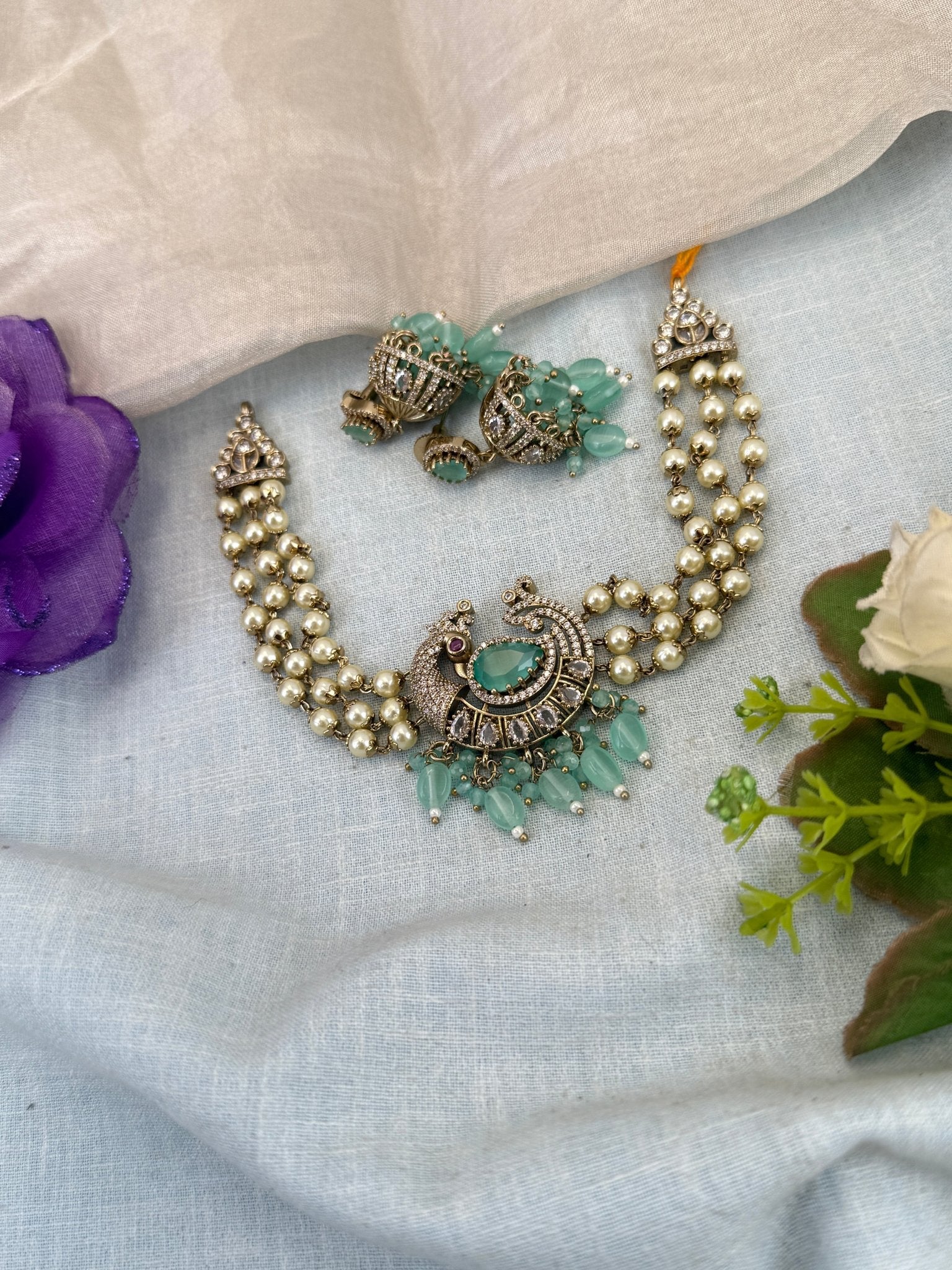 Luxurious Victorian Pendant Pearl Choker Necklace Set 668 - Mahilas