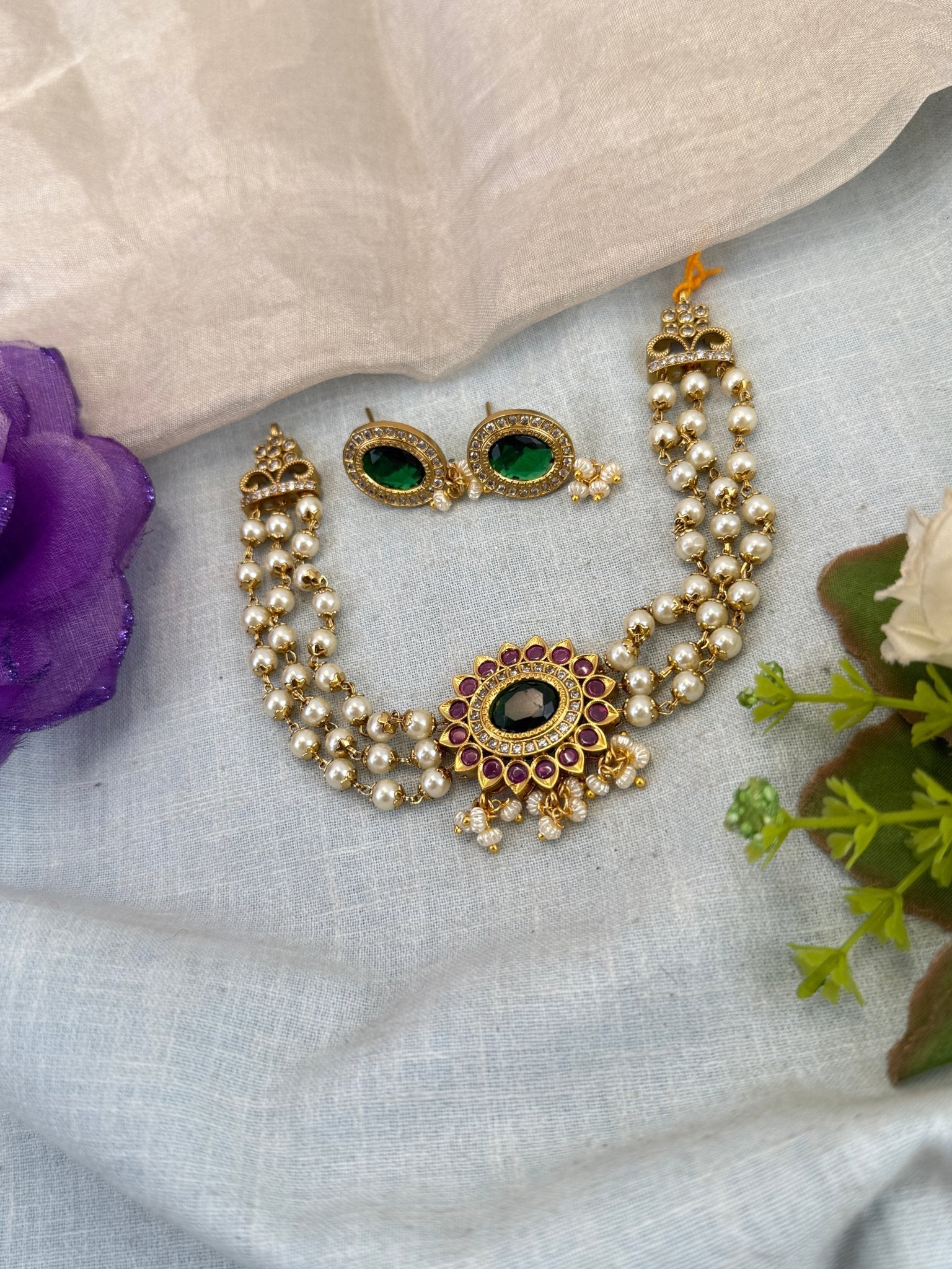 Luxurious Victorian Pendant Pearl Choker Necklace Set 669 - Mahilas