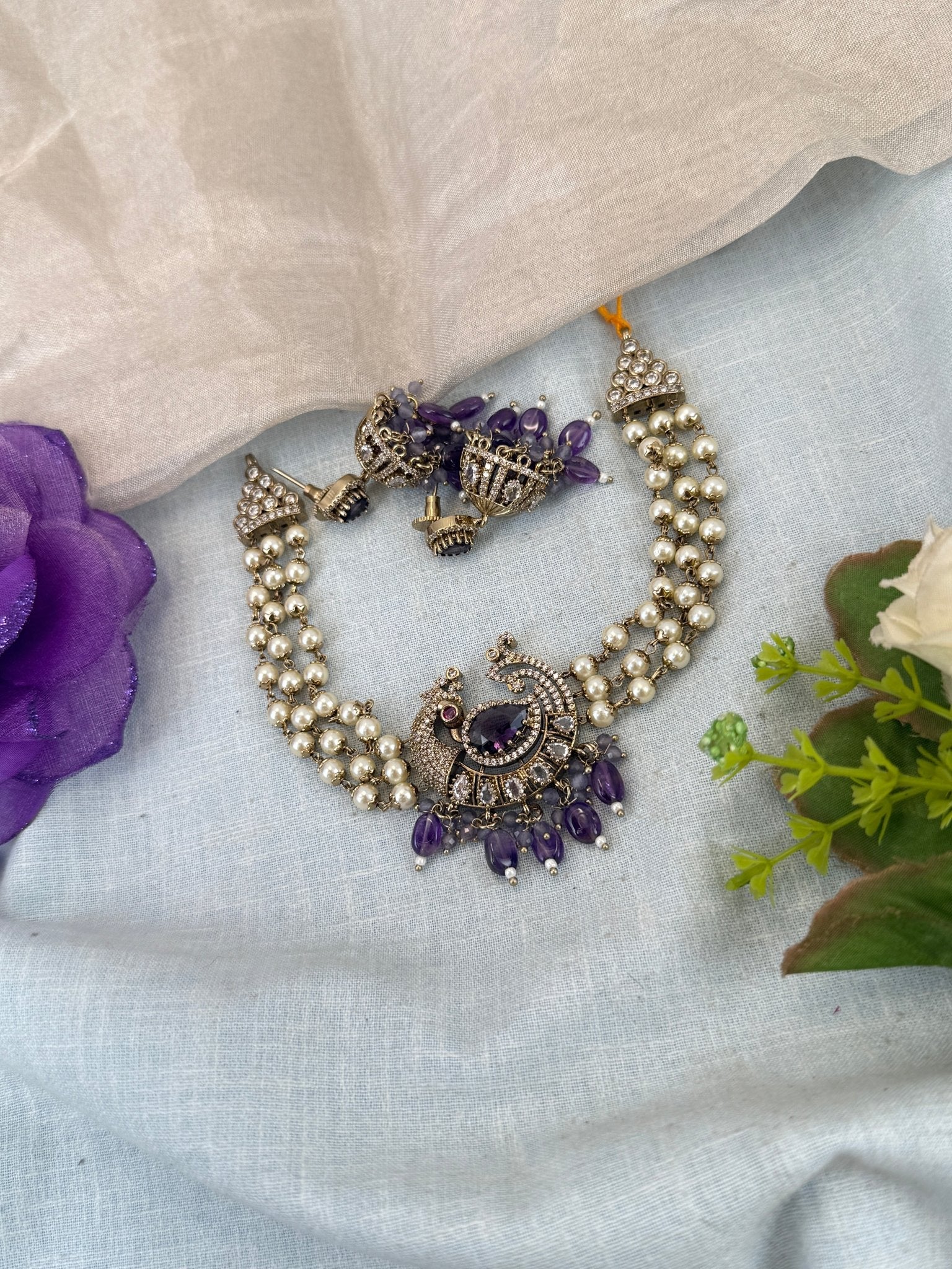 Luxurious Victorian Pendant Pearl Choker Necklace Set 672 - Mahilas