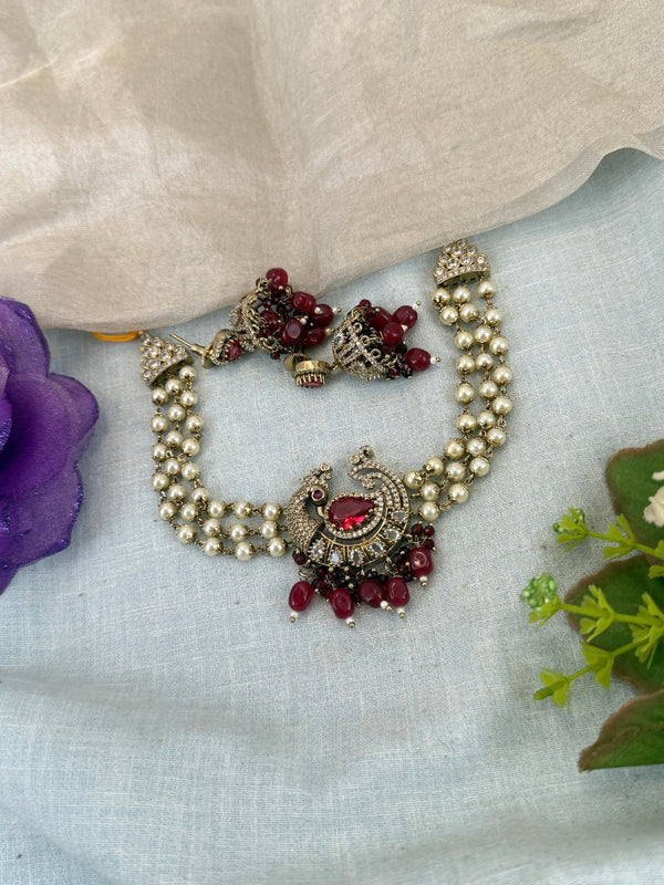 Luxurious Victorian Pendant Pearl Choker Necklace Set 673