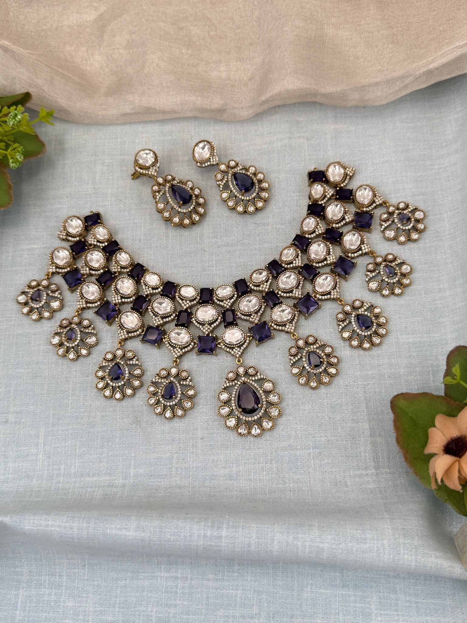 Luxurious Victorian Stone Choker Necklace Set 0583 - Mahilas