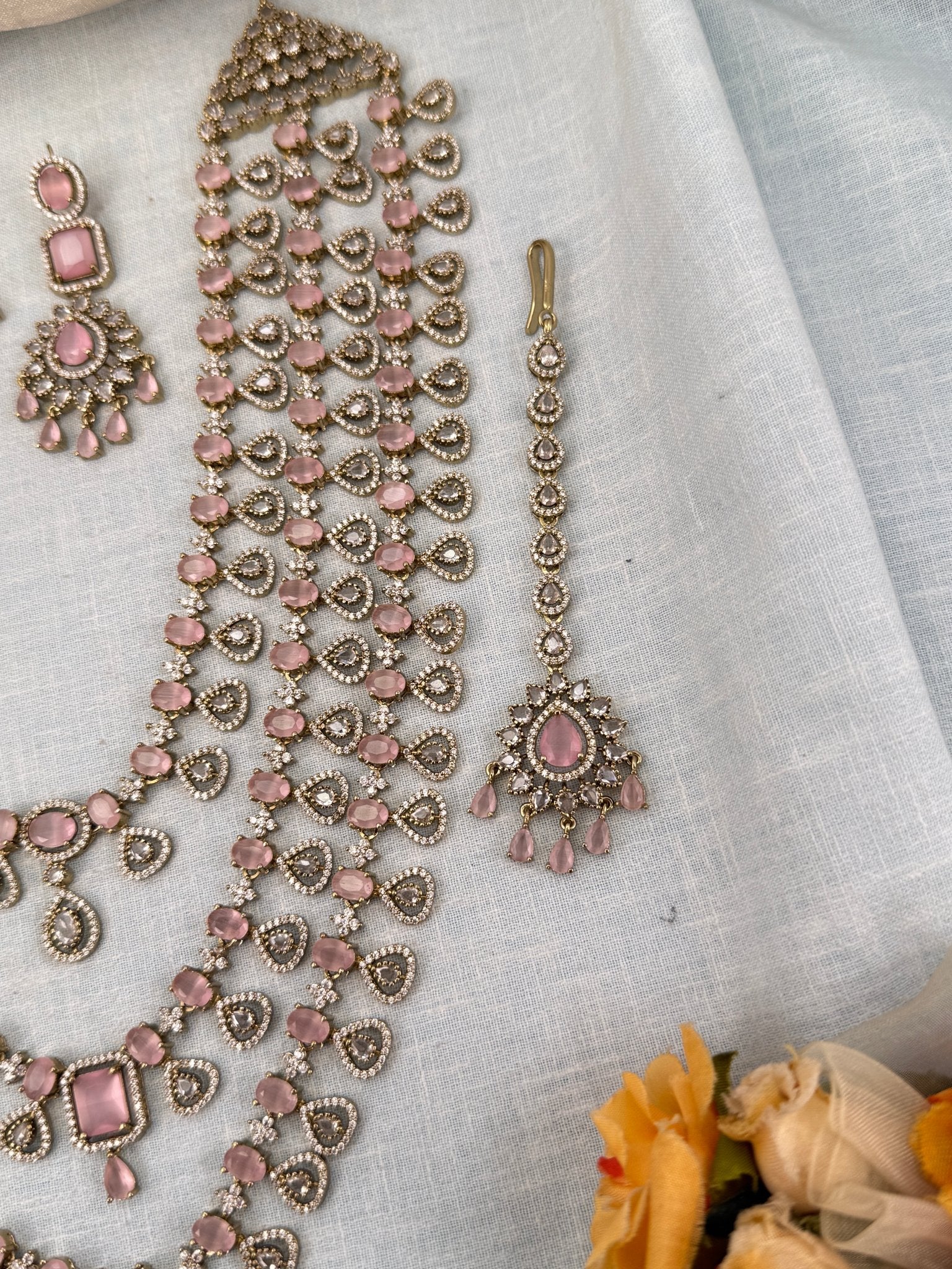 Luxurious Victorian Stone Layered Long Necklace Set 656 - Mahilas