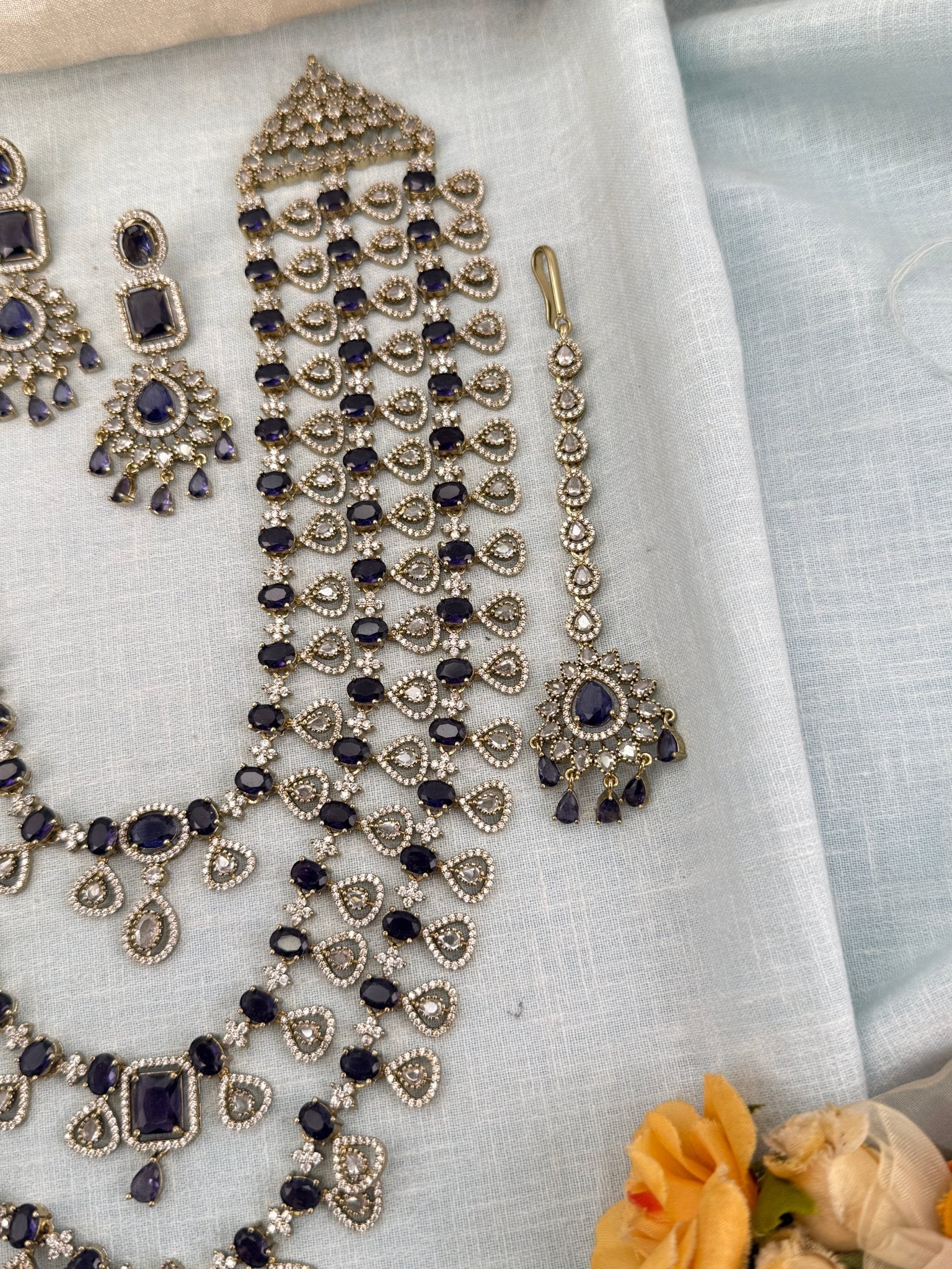 Luxurious Victorian Stone Layered Long Necklace Set 659 - Mahilas