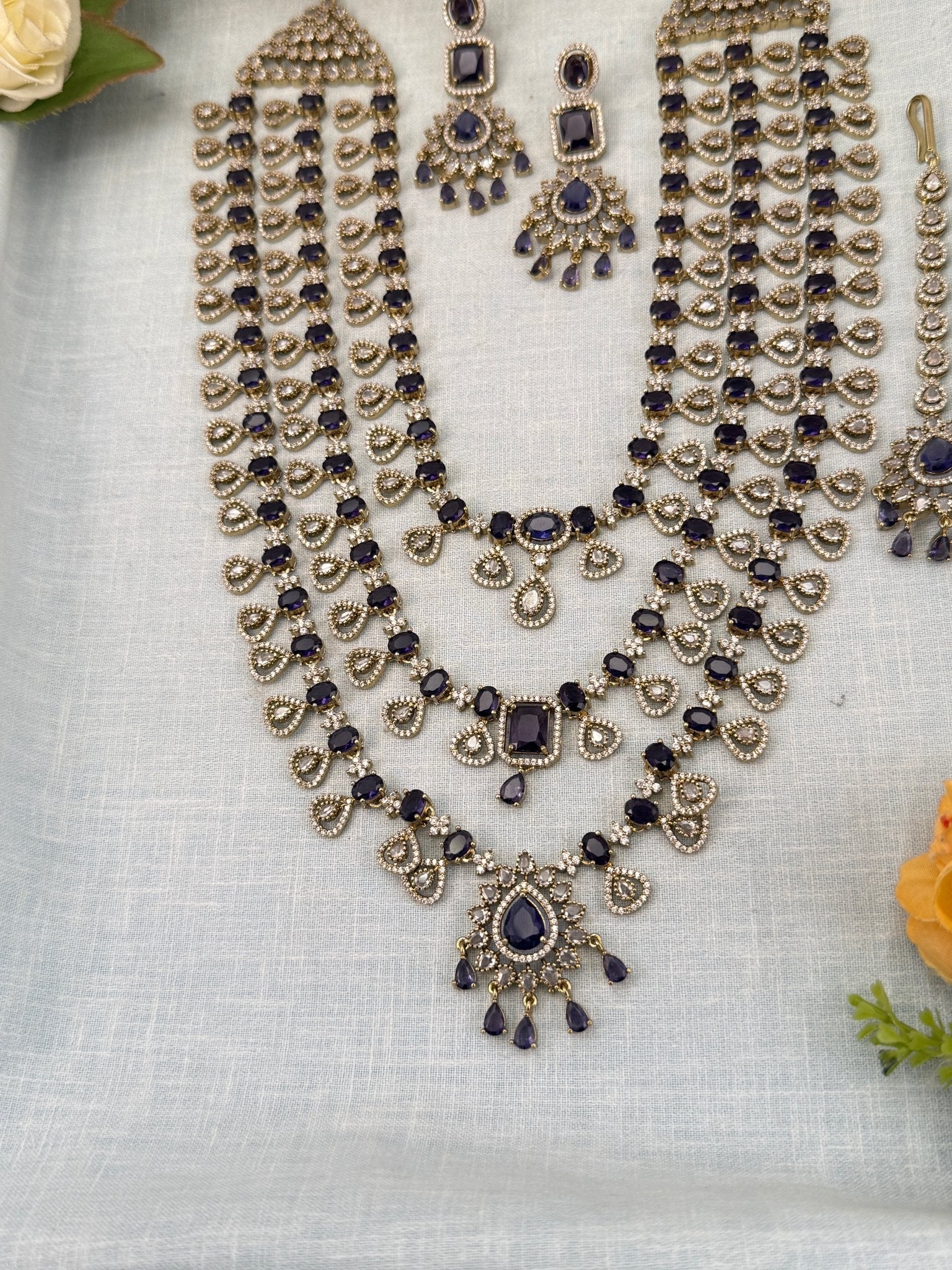 Luxurious Victorian Stone Layered Long Necklace Set 659 - Mahilas