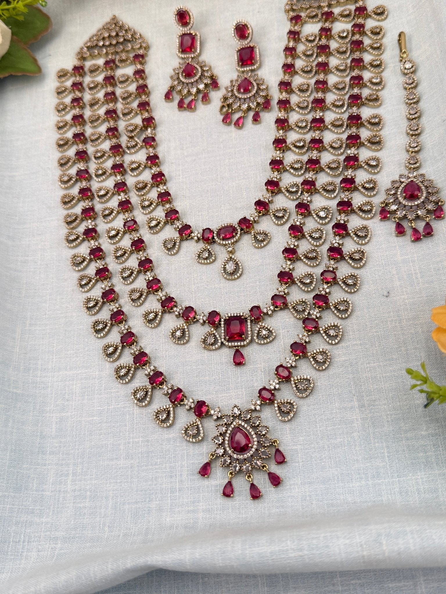 Luxurious Victorian Stone Layered Long Necklace Set 660 - Mahilas