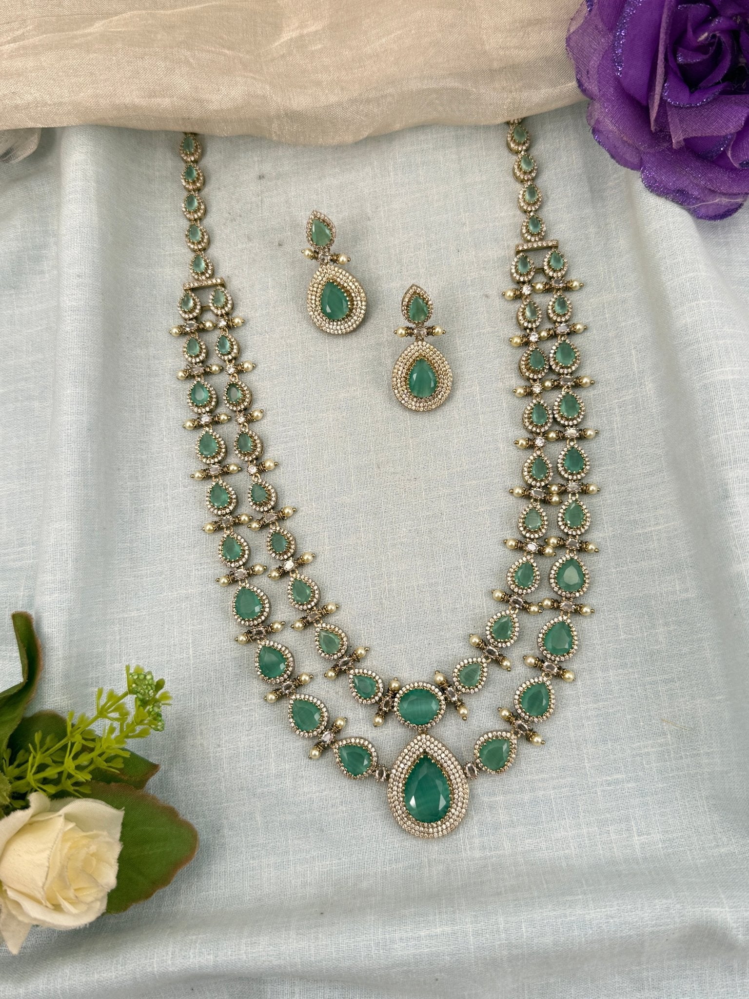 Luxurious Victorian Stone Long Necklace Set 637 - Mahilas